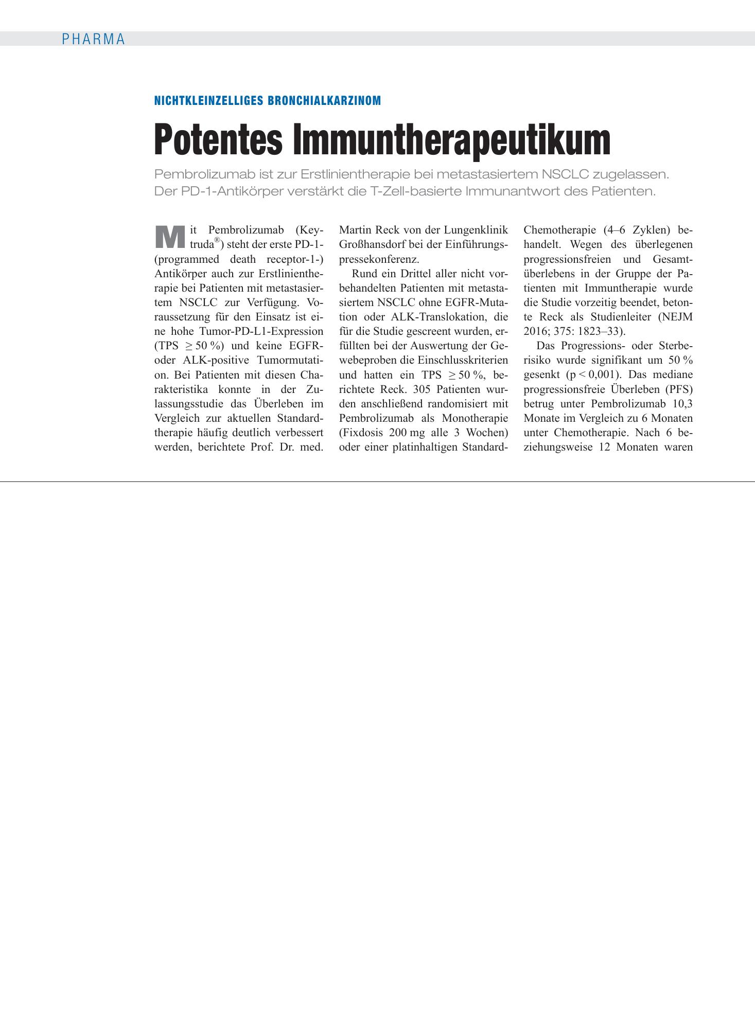 Vorschauseite 1: Nichtkleinzelliges Bronchialkarzinom: Potentes Immuntherapeutikum – Deutsches Ärzteblatt