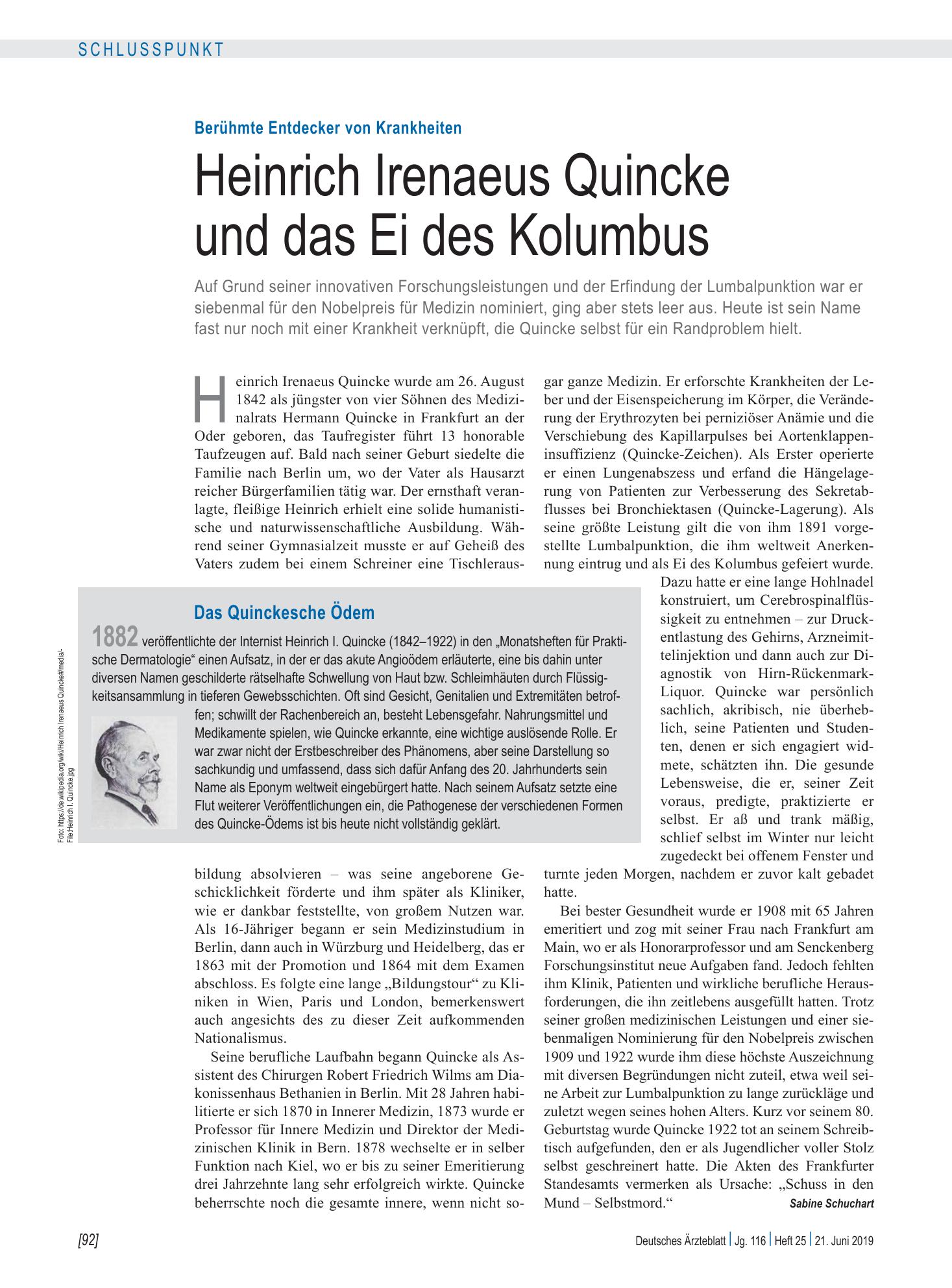 Vorschauseite 1: Berühmte Entdecker von Krankheiten: Heinrich Irenaeus Quincke und das Ei des Kolumbus – Deutsches Ärzteblatt