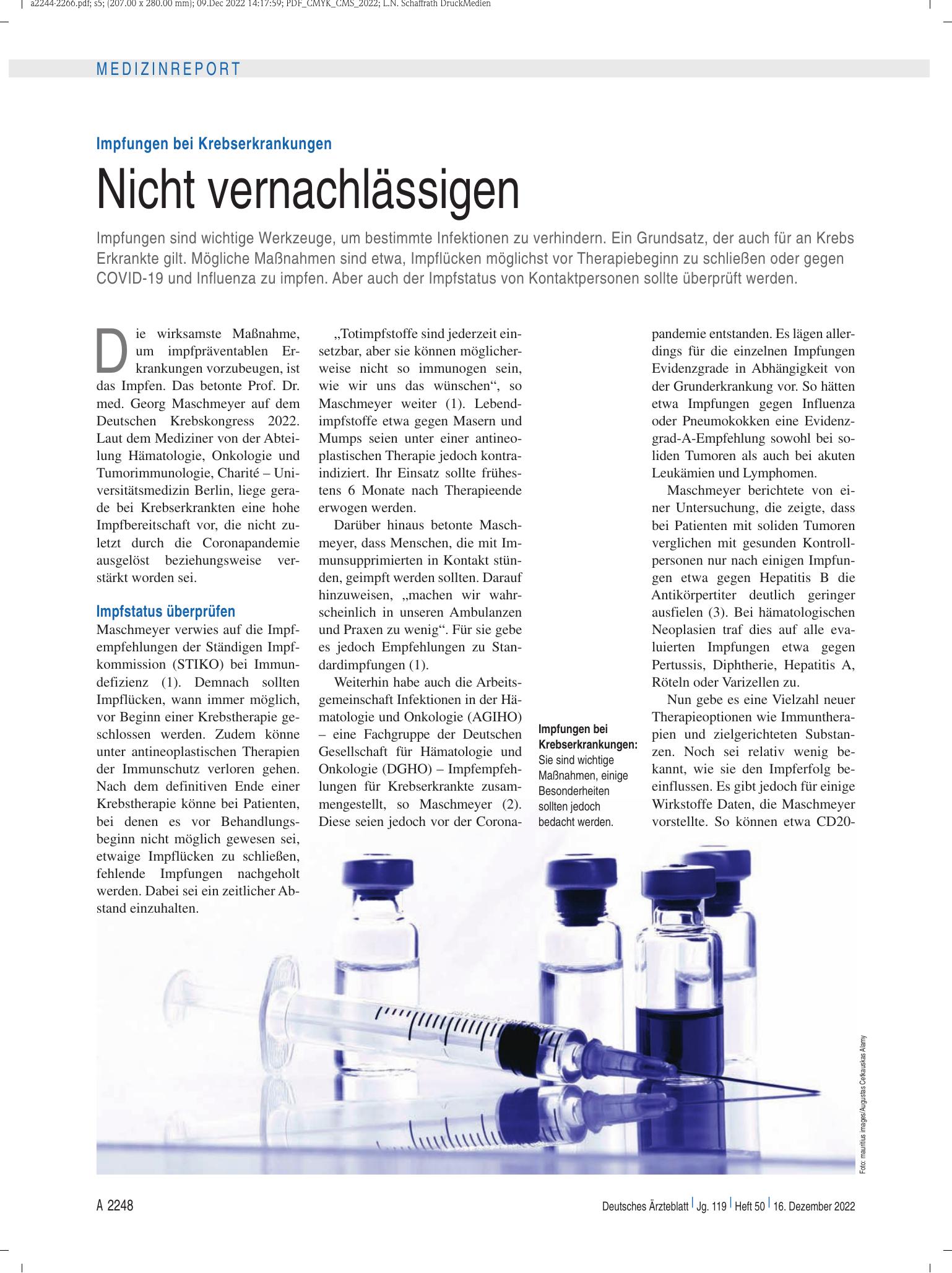 Vorschauseite 1: Impfungen bei Krebserkrankungen: Nicht vernachlässigen – Deutsches Ärzteblatt