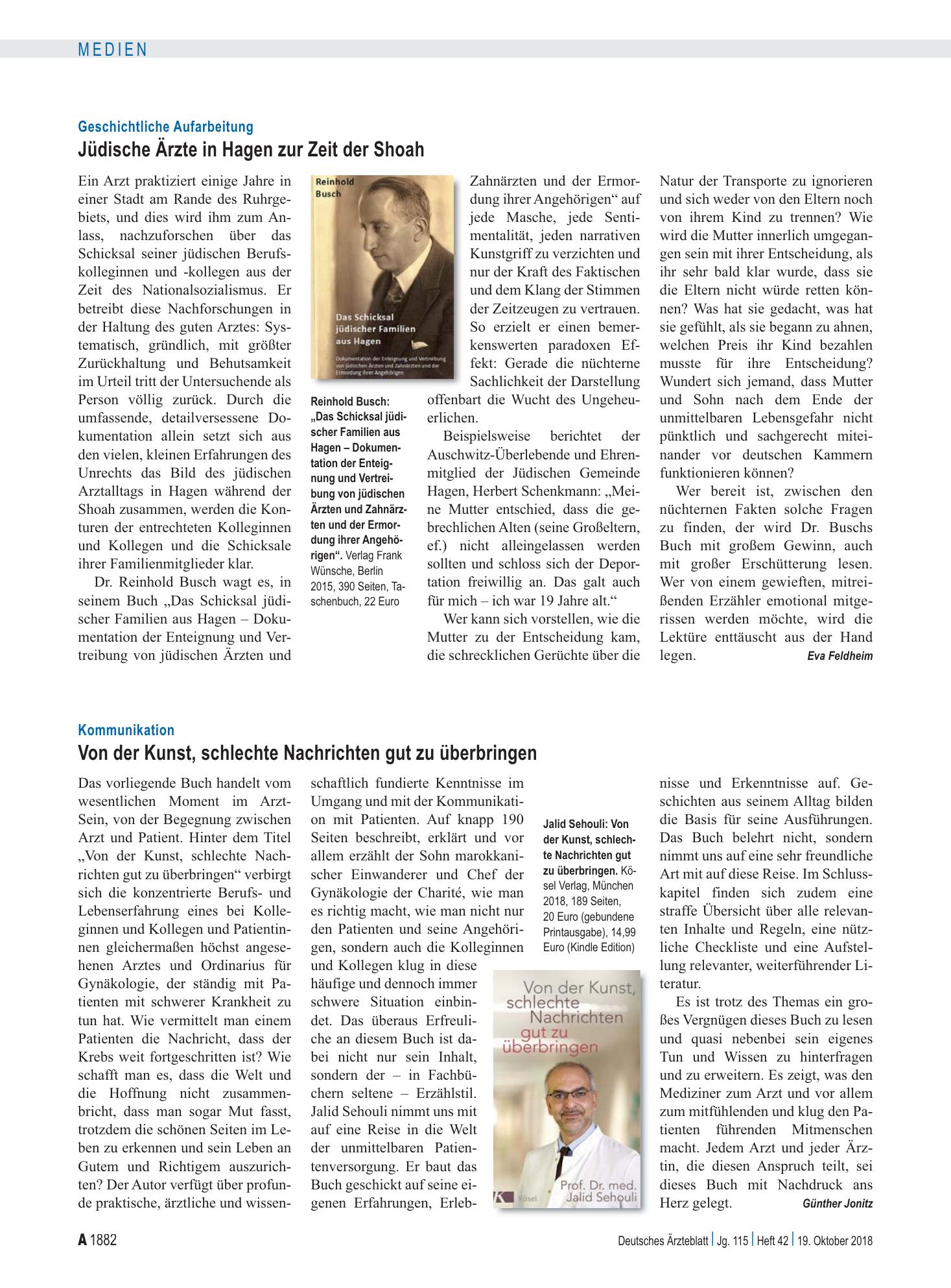 Vorschauseite 1: Kommunikation: Von der Kunst, schlechte Nachrichten gut zu überbringen – Deutsches Ärzteblatt