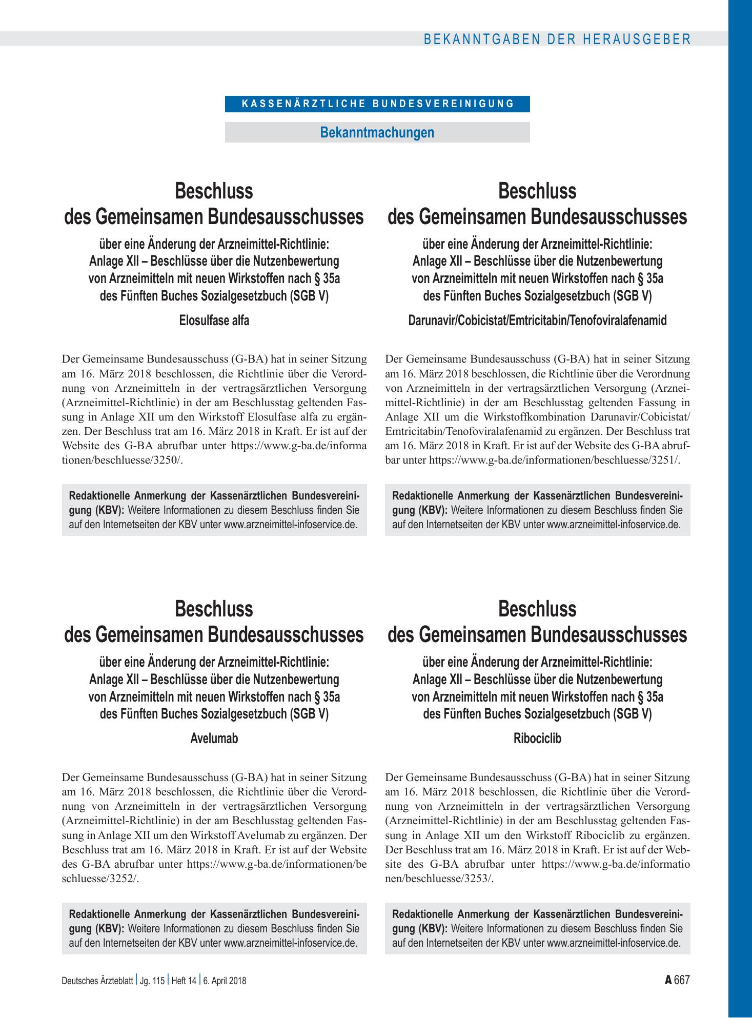 Vorschauseite 1: Beschluss des Gemeinsamen Bundesausschusses über eine Änderung der Arzneimittel-Richtlinie: Anlage XII – Beschlüsse über die Nutzenbewertung von Arzneimitteln mit neuen Wirkstoffe…