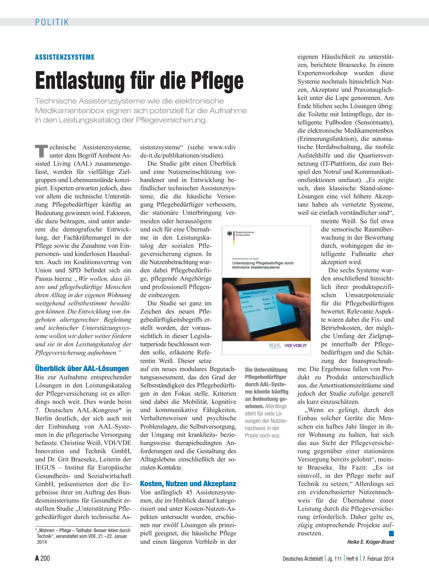 Vorschauseite 1: Assistenzsysteme: Entlastung für die Pflege – Deutsches Ärzteblatt
