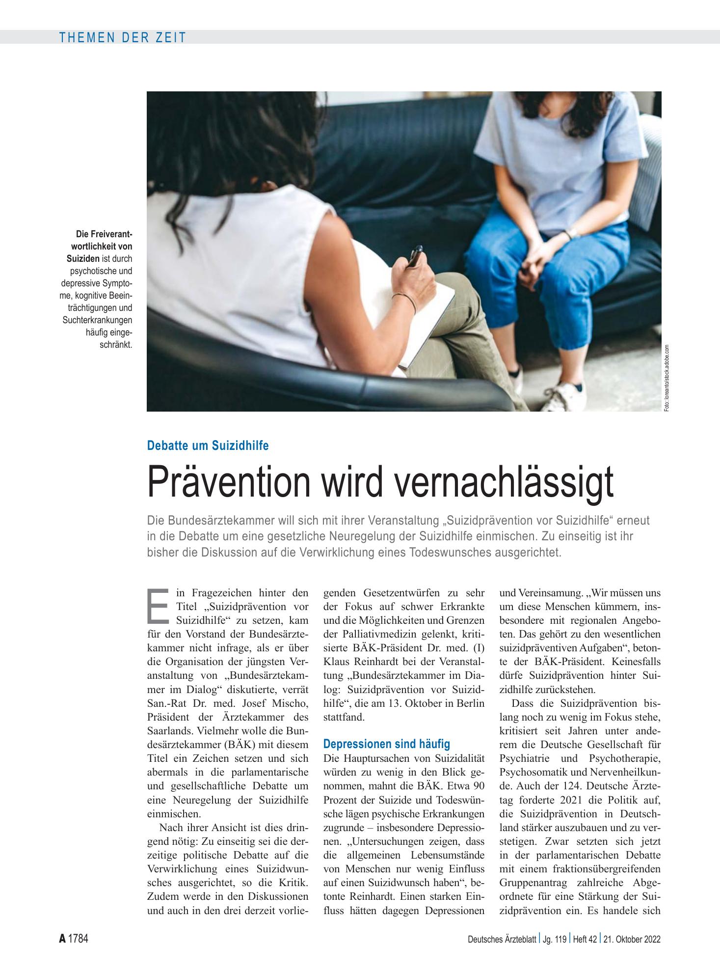 Vorschauseite 1: Debatte um Suizidhilfe: Prävention wird vernachlässigt – Deutsches Ärzteblatt