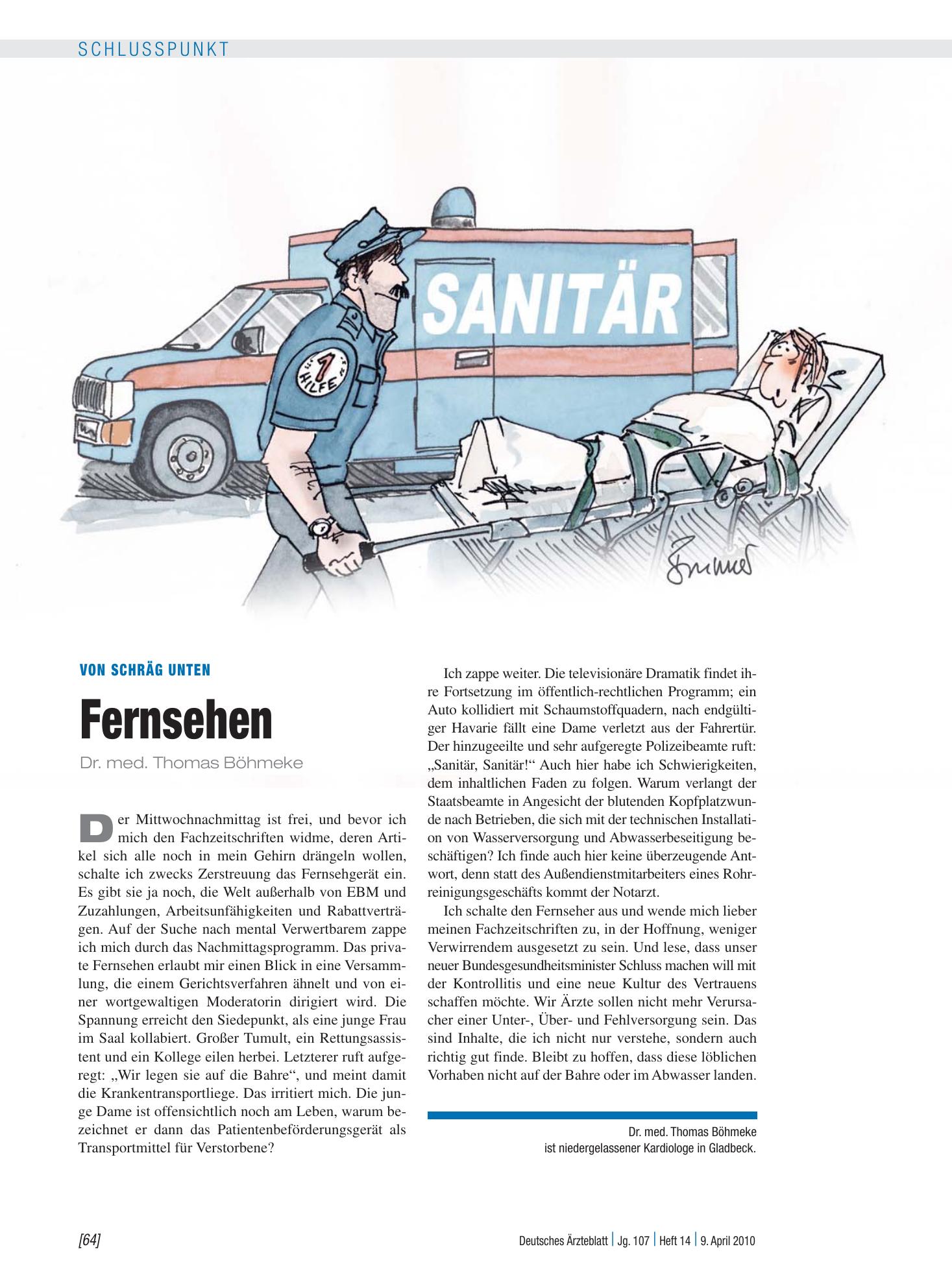 Vorschauseite 1: Von schräg unten: Fernsehen – Deutsches Ärzteblatt
