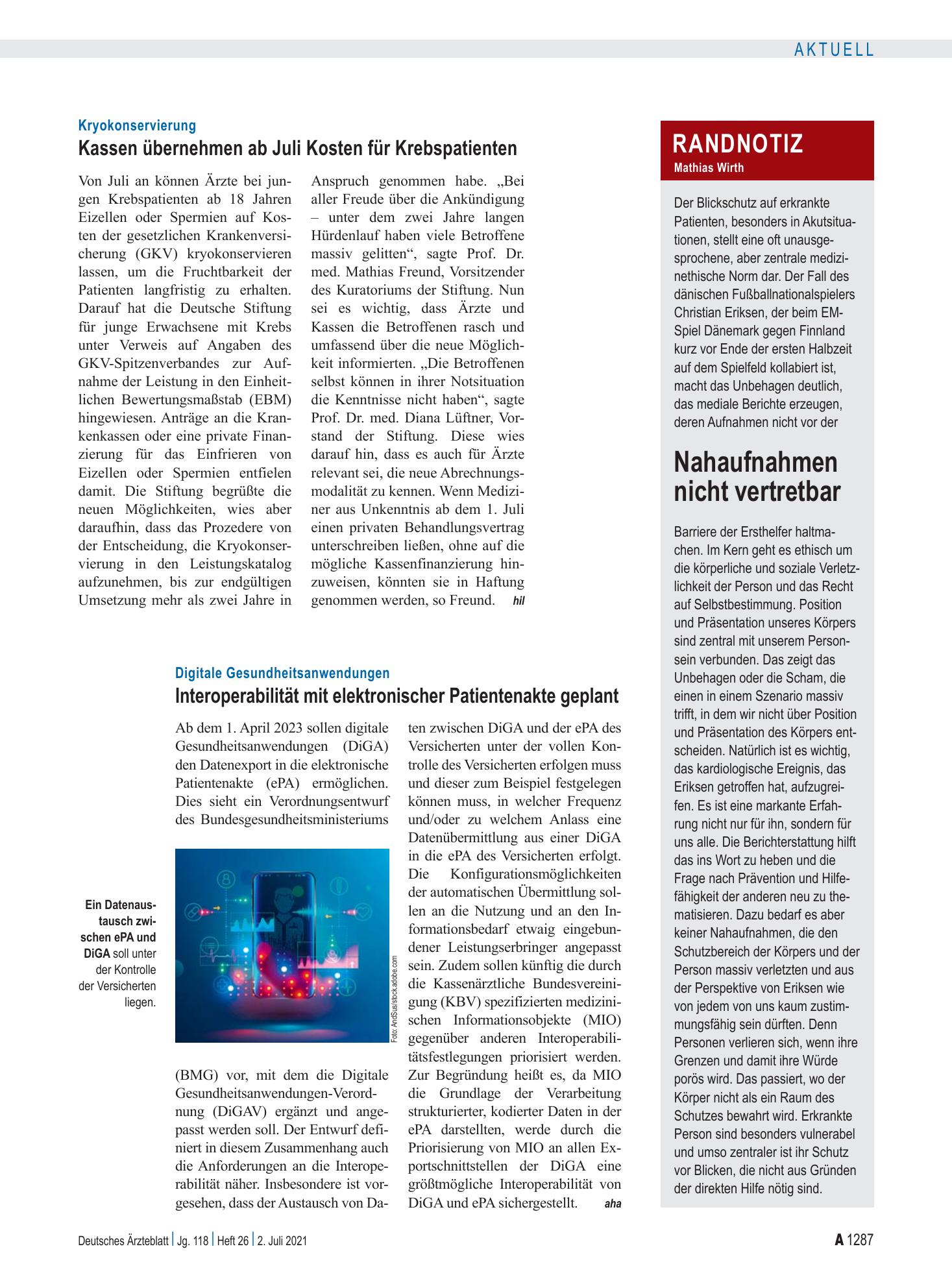 Vorschauseite 1: Digitale Gesundheitsanwendungen: Interoperabilität mit elektronischer Patientenakte geplant – Deutsches Ärzteblatt