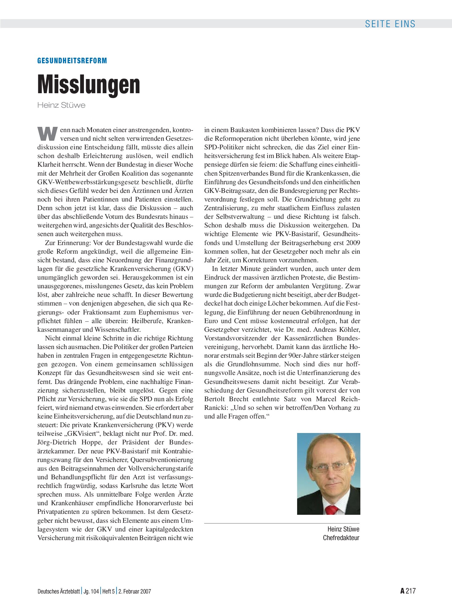Vorschauseite 1: Gesundheitsreform: Misslungen – Deutsches Ärzteblatt