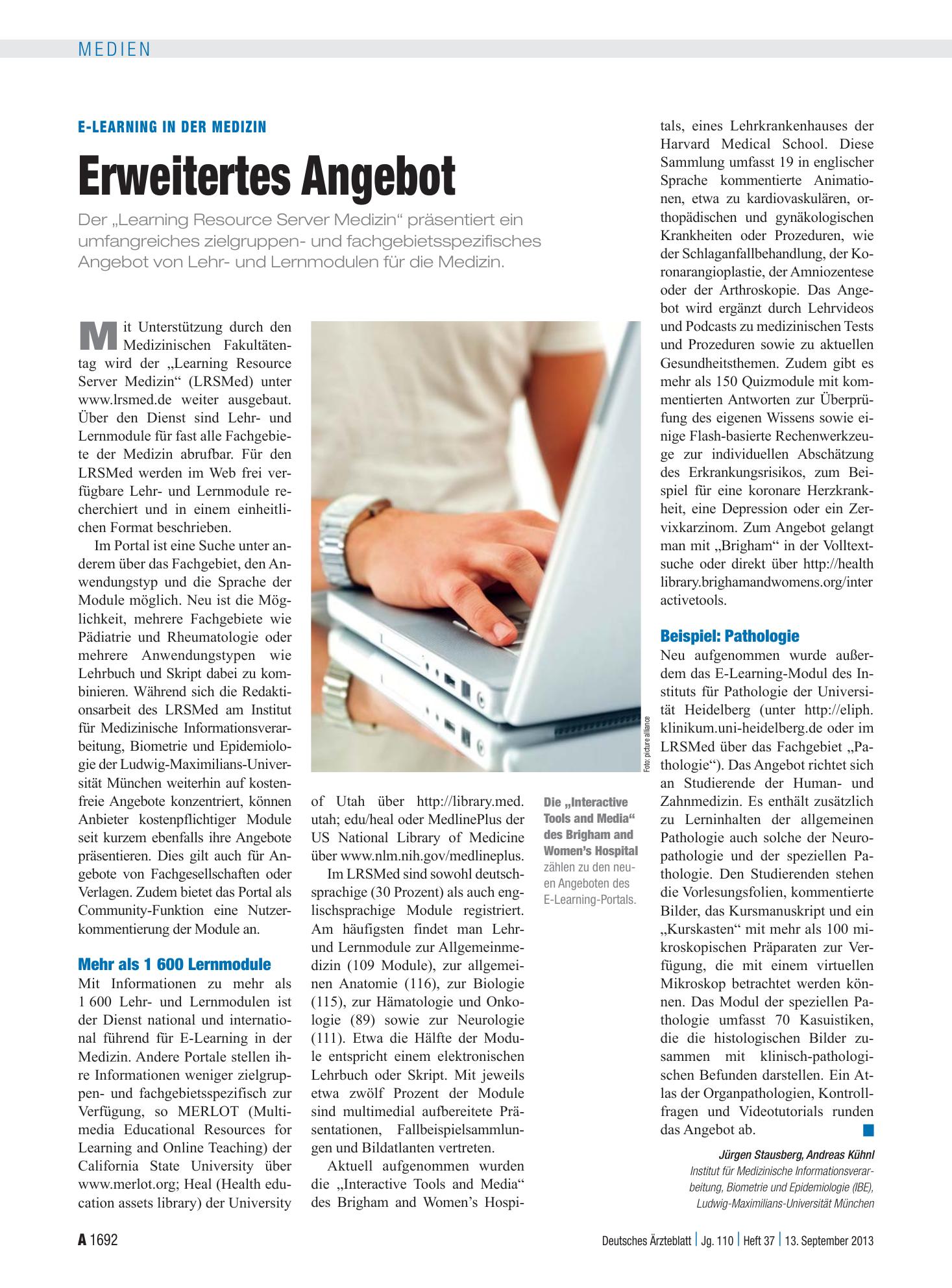 Vorschauseite 1: E-Learning in der Medizin: Erweitertes Angebot – Deutsches Ärzteblatt