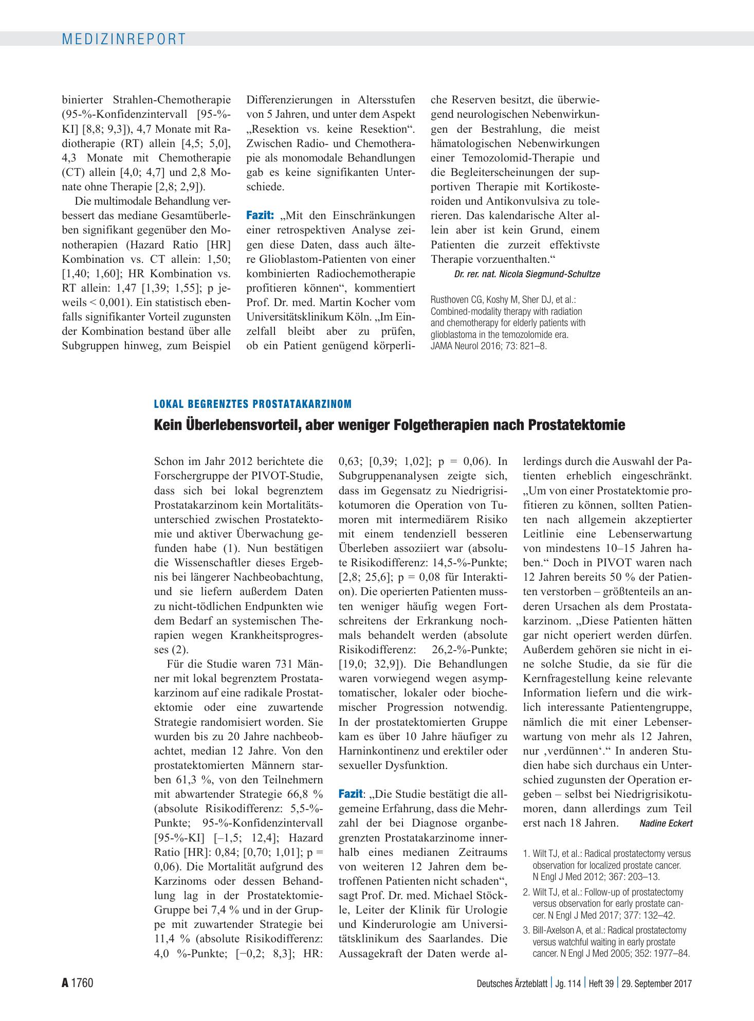 Vorschauseite 1: Lokal begrenztes Prostatakarzinom: Kein Überlebensvorteil, aber weniger Folgetherapien nach Prostatektomie – Deutsches Ärzteblatt