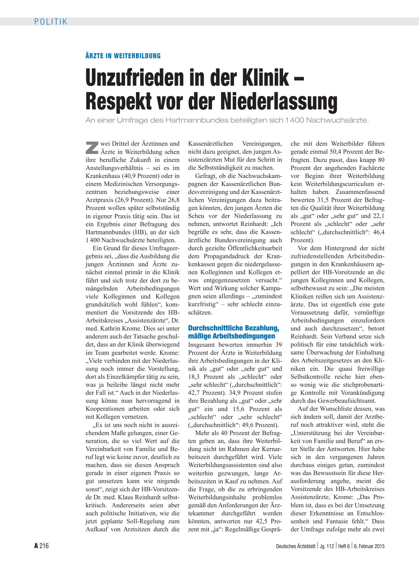 Vorschauseite 1: Ärzte in Weiterbildung: Unzufrieden in der Klinik – Respekt vor der Niederlassung – Deutsches Ärzteblatt