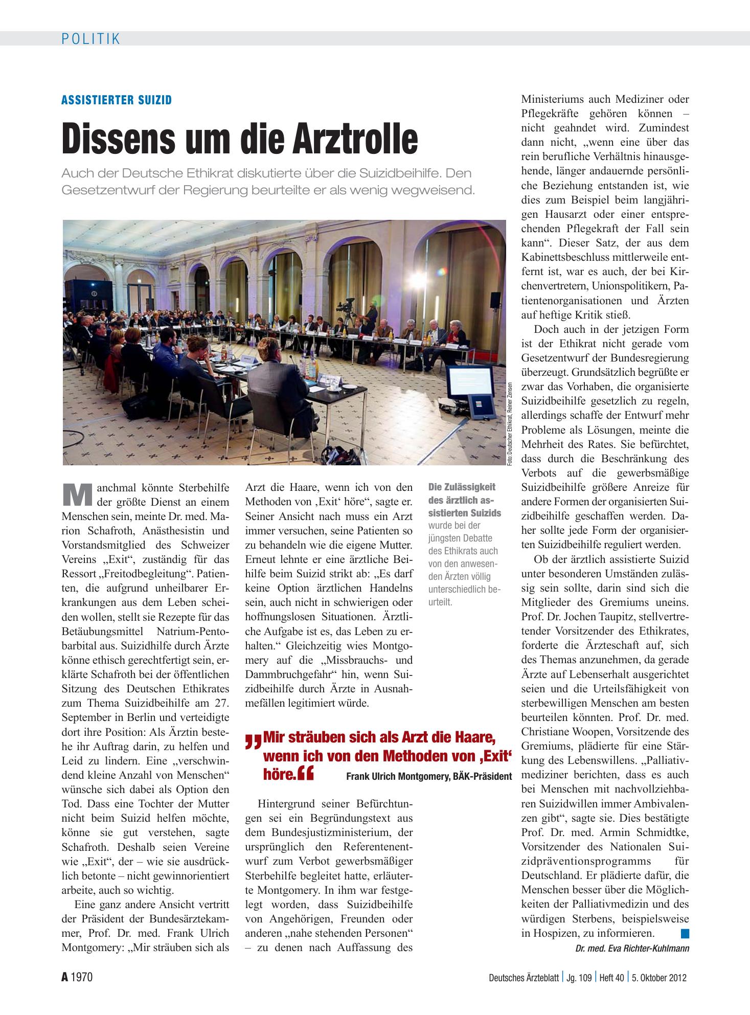Vorschauseite 1: Assistierter Suizid: Dissens um die Arztrolle – Deutsches Ärzteblatt