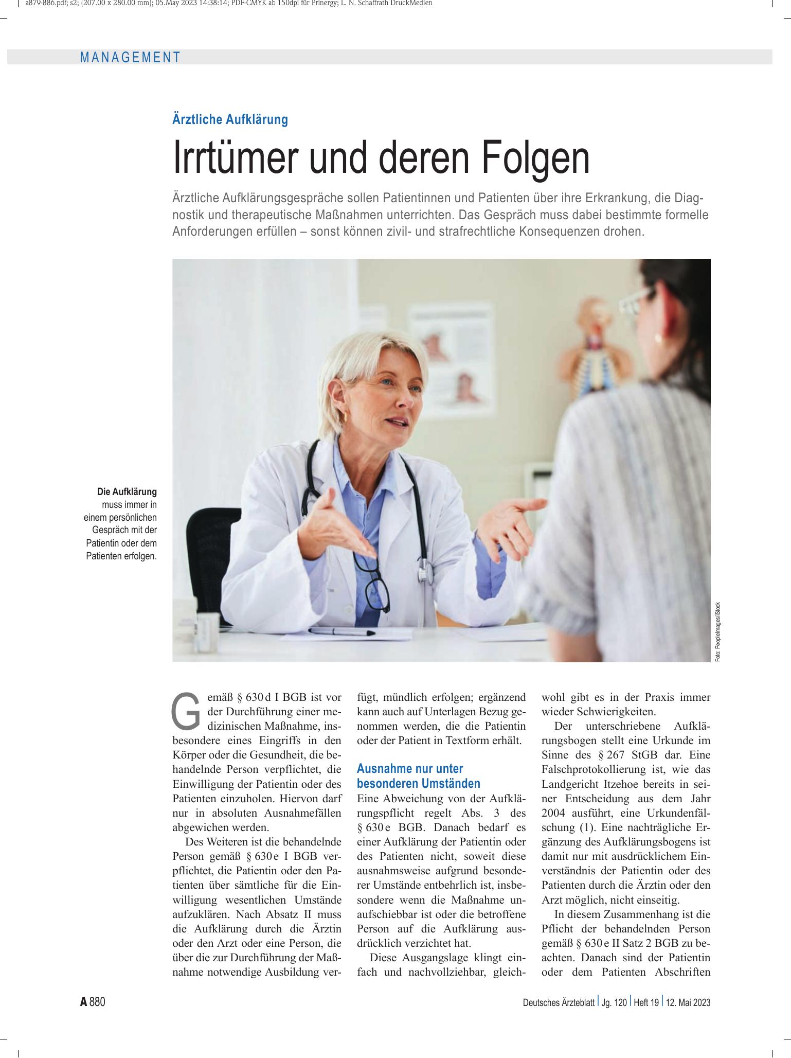 Vorschauseite 1: Ärztliche Aufklärung: Irrtümer und deren Folgen – Deutsches Ärzteblatt