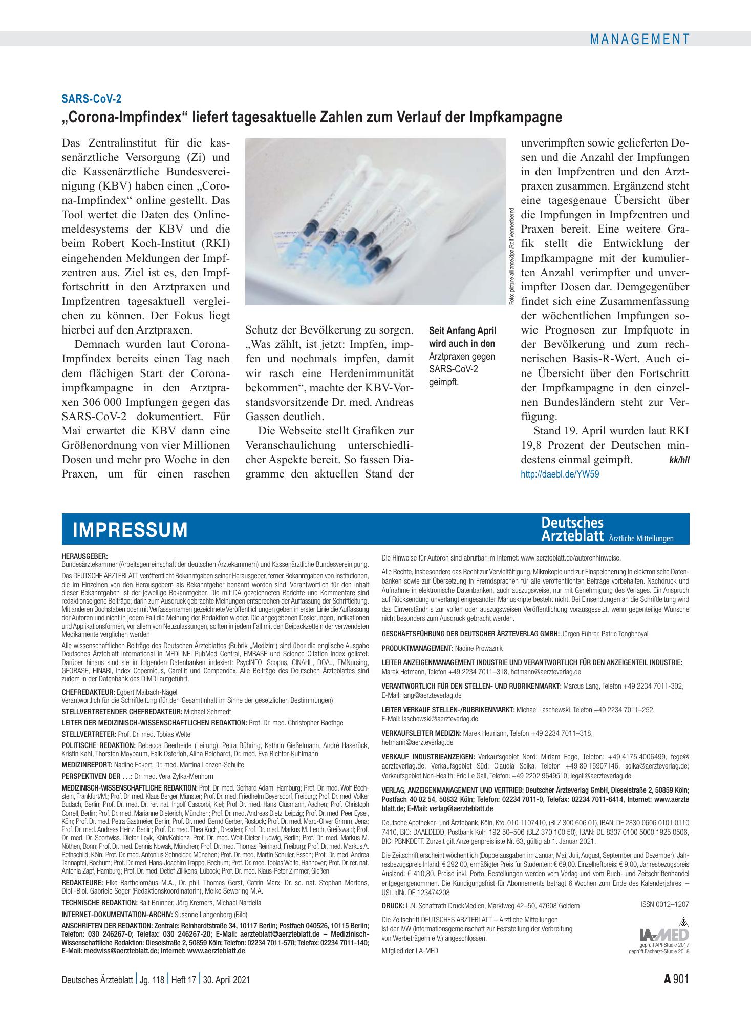 Vorschauseite 1: SARS-CoV-2: „Corona-Impfindex“ liefert tagesaktuelle Zahlen zum Verlauf der Impfkampagne – Deutsches Ärzteblatt