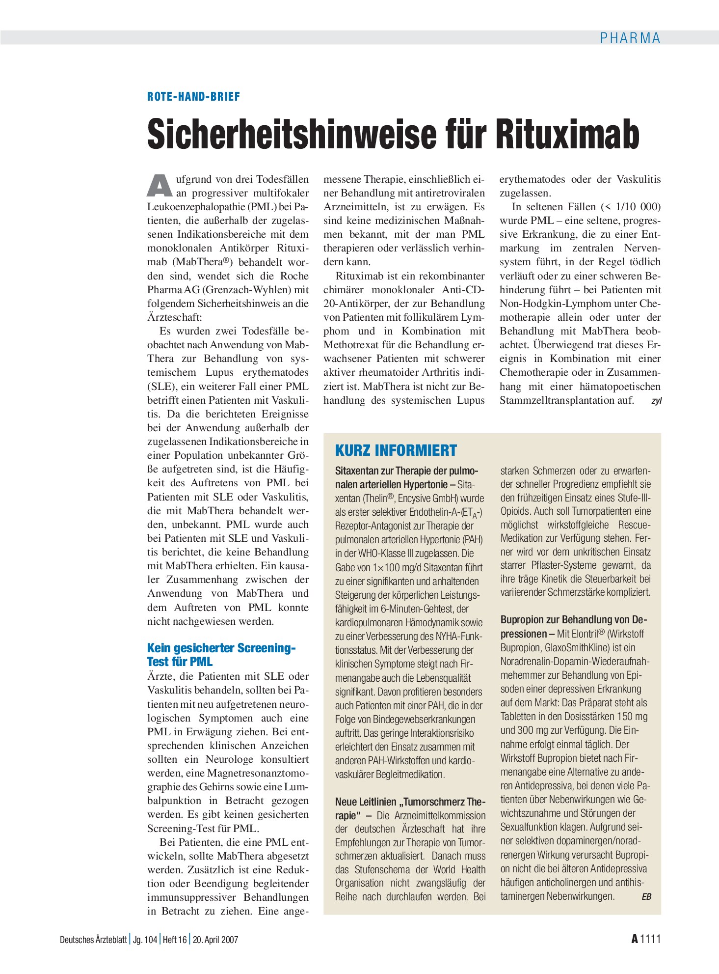 Vorschauseite 1: Rote-Hand-Brief: Sicherheitshinweise für Rituximab – Deutsches Ärzteblatt