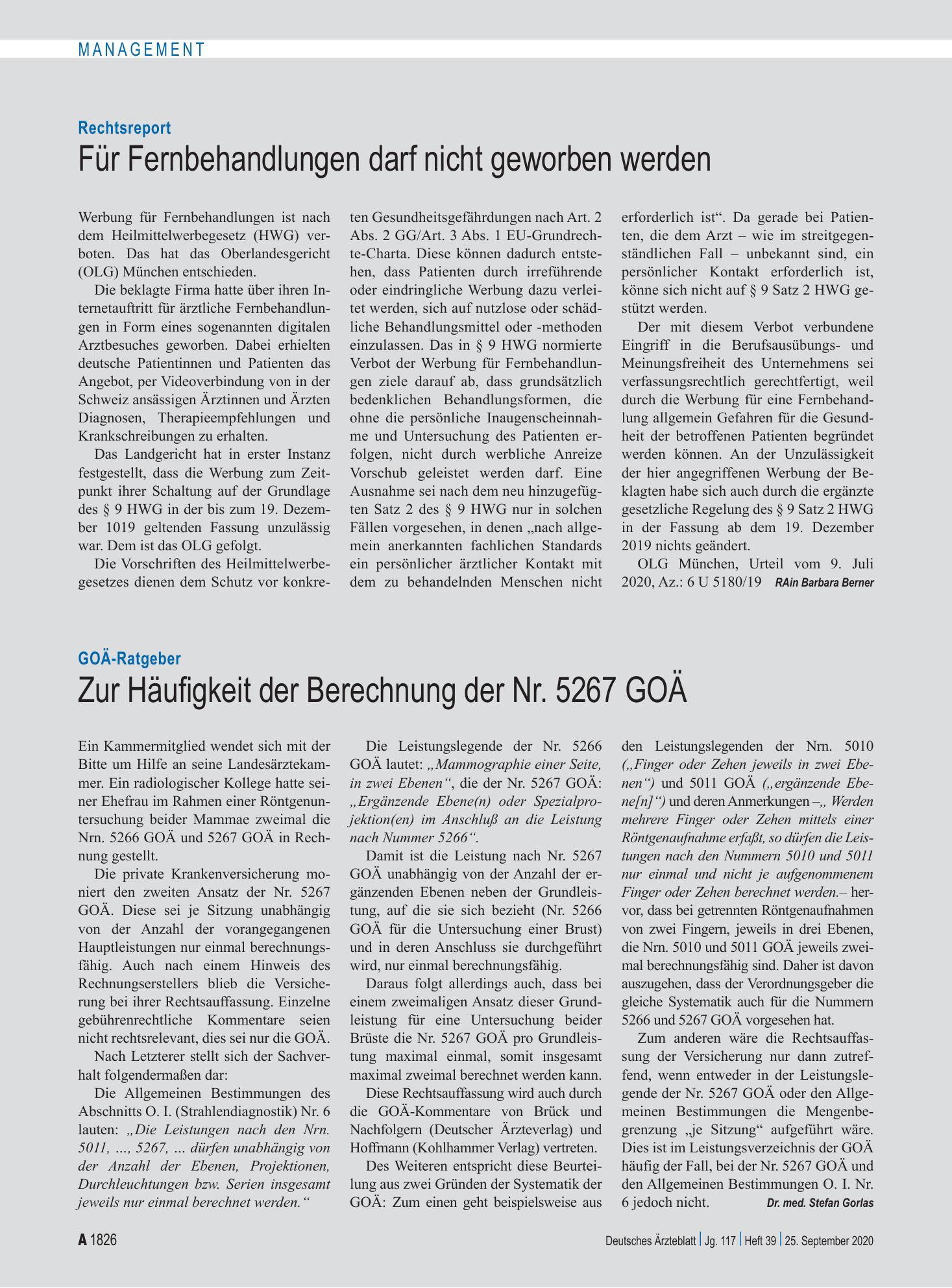 Vorschauseite 1: Rechtsreport: Für Fernbehandlungen darf nicht geworben werden – Deutsches Ärzteblatt