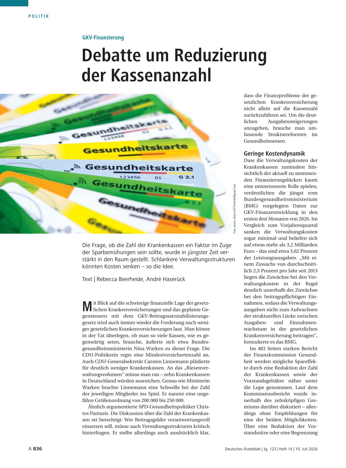 Vorschauseite 1: GKV-Finanzierung: Debatte um Reduzierung der Kassenanzahl – Deutsches Ärzteblatt