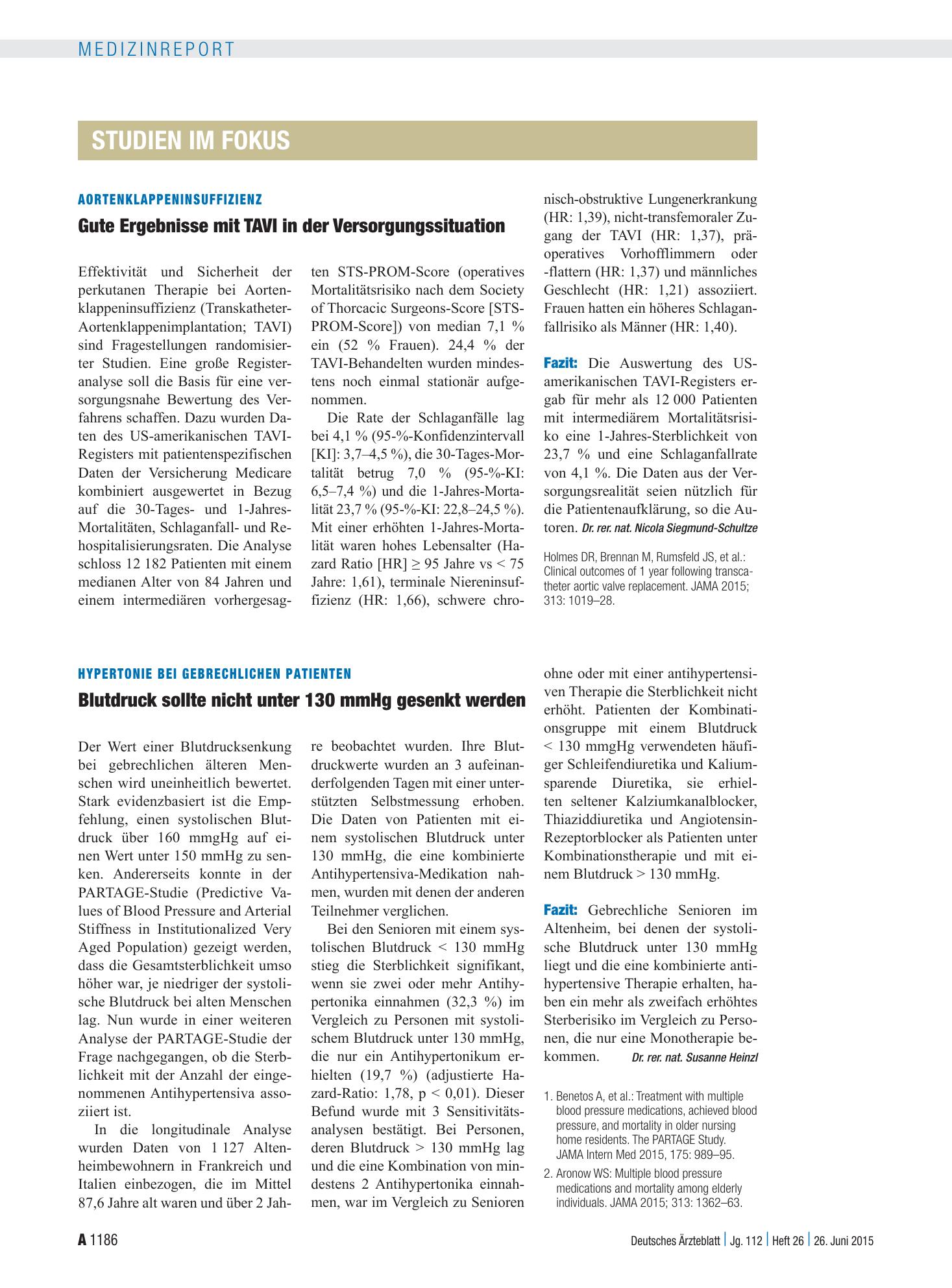 Vorschauseite 1: Hypertonie bei gebrechlichen Patienten: Blutdruck sollte nicht unter 130 mmHg gesenkt werden – Deutsches Ärzteblatt