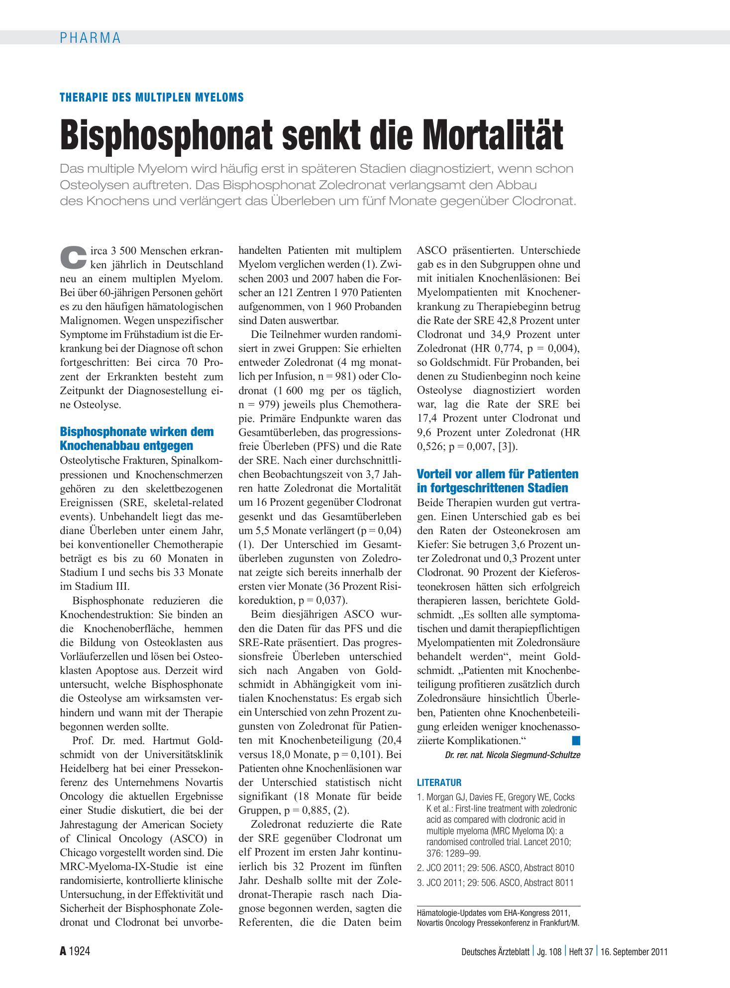 Vorschauseite 1: Therapie des Multiplen Myeloms: Bisphosphonat senkt die Mortalität – Deutsches Ärzteblatt