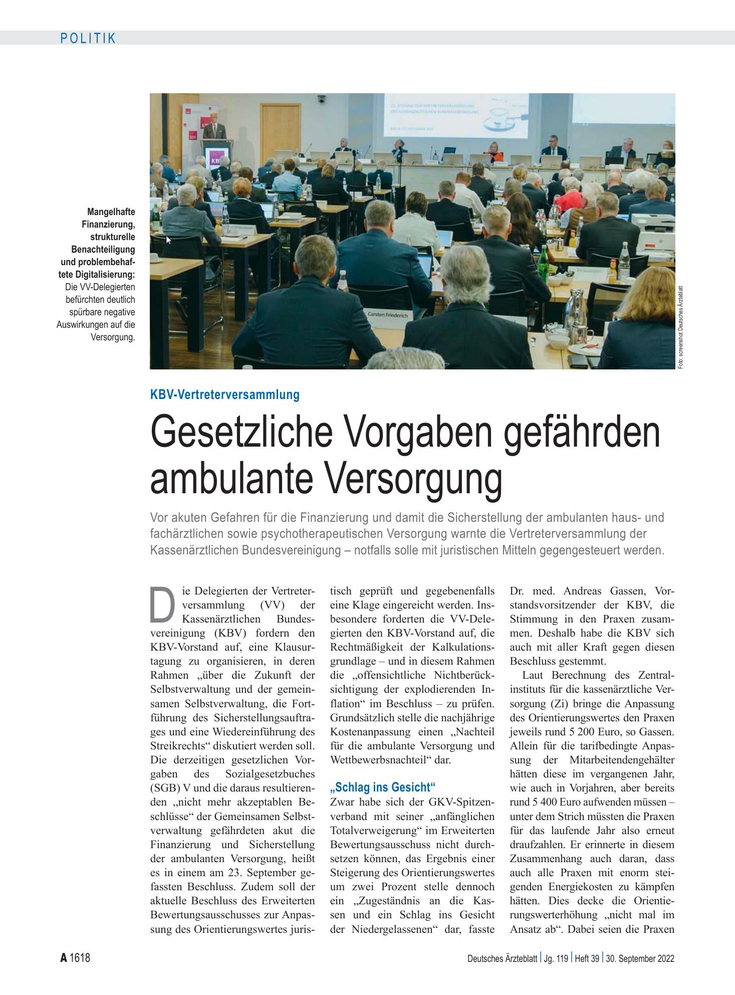 Vorschauseite 1: KBV-Vertreterversammlung: Gesetzliche Vorgaben gefährden ambulante Versorgung – Deutsches Ärzteblatt