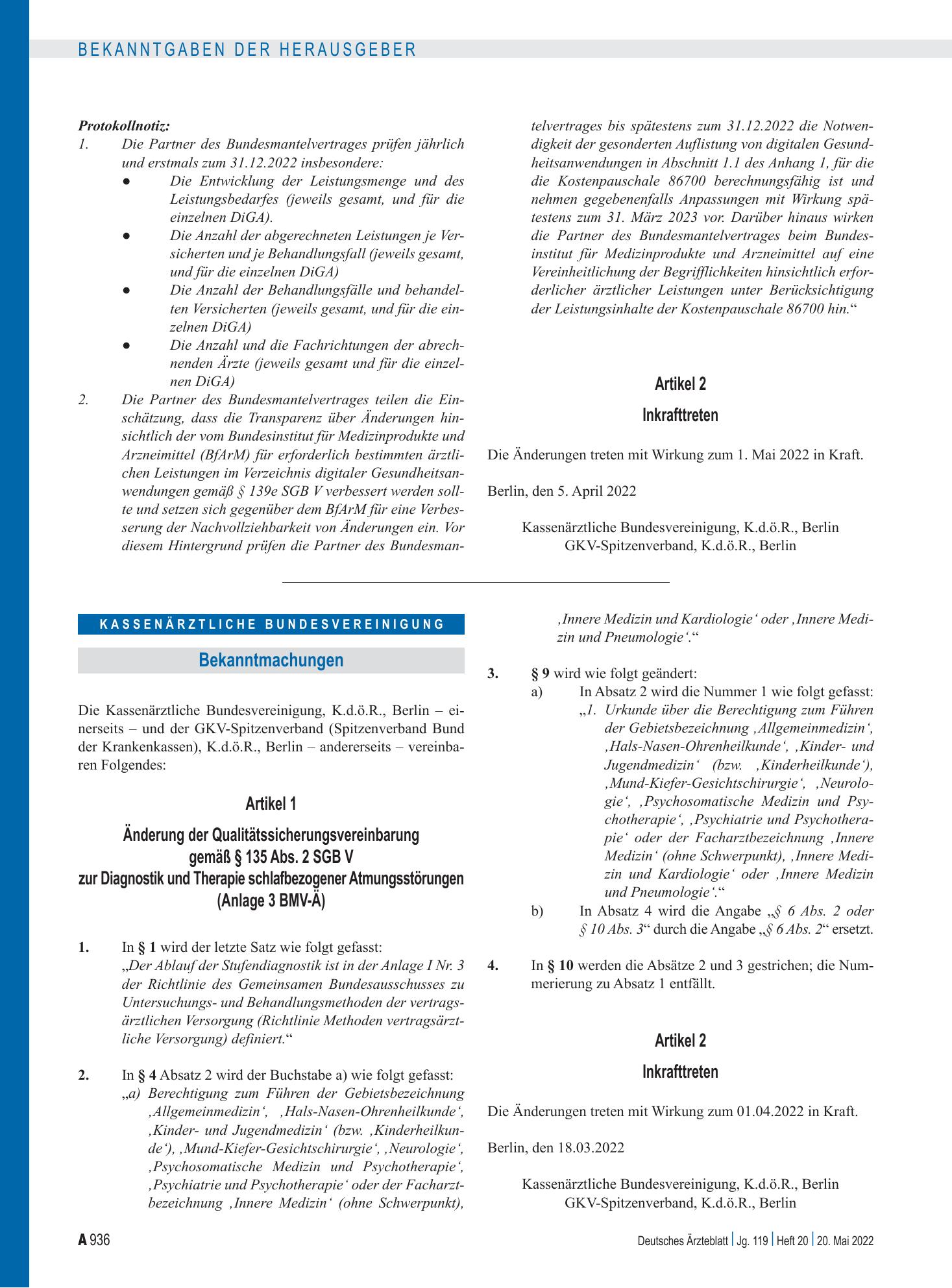 Vorschauseite 1: Änderung der Qualitätssicherungsvereinbarung gemäß § 135 Abs. 2 SGB V zur Diagnostik und Therapie schlafbezogener Atmungsstörungen (Anlage 3 BMV-Ä) – Deutsches Ärzteblatt