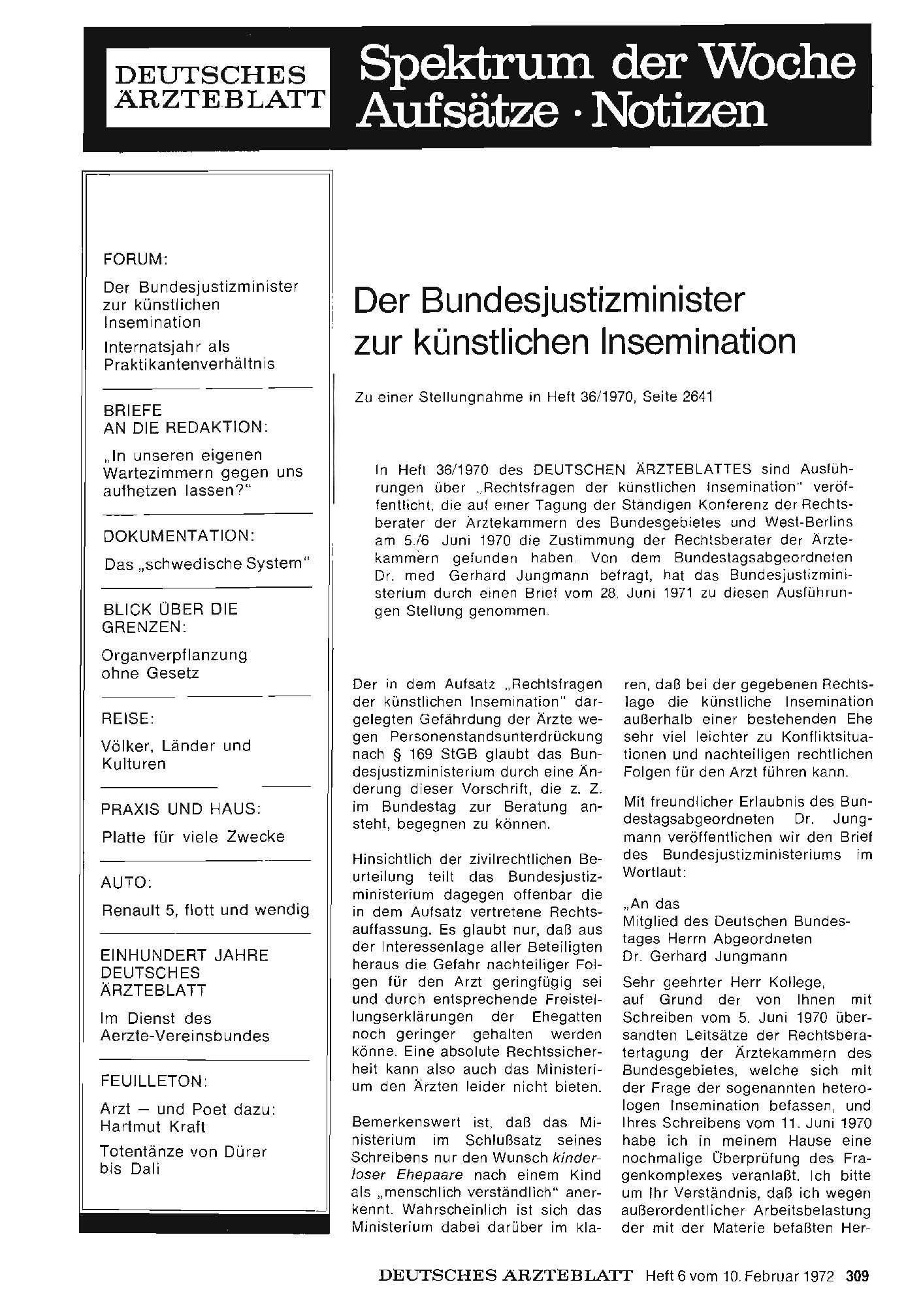 Vorschauseite 1: Der Bundesjustizminister zur künstlichen Insemination