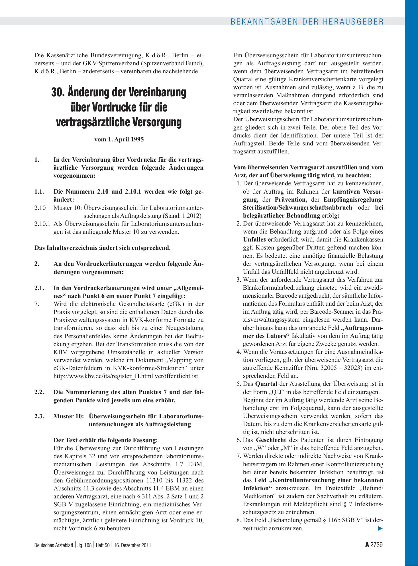 Vorschauseite 1: 30. Änderung der Vereinbarung über Vordrucke für die vertragsärztliche Versorgung – Deutsches Ärzteblatt