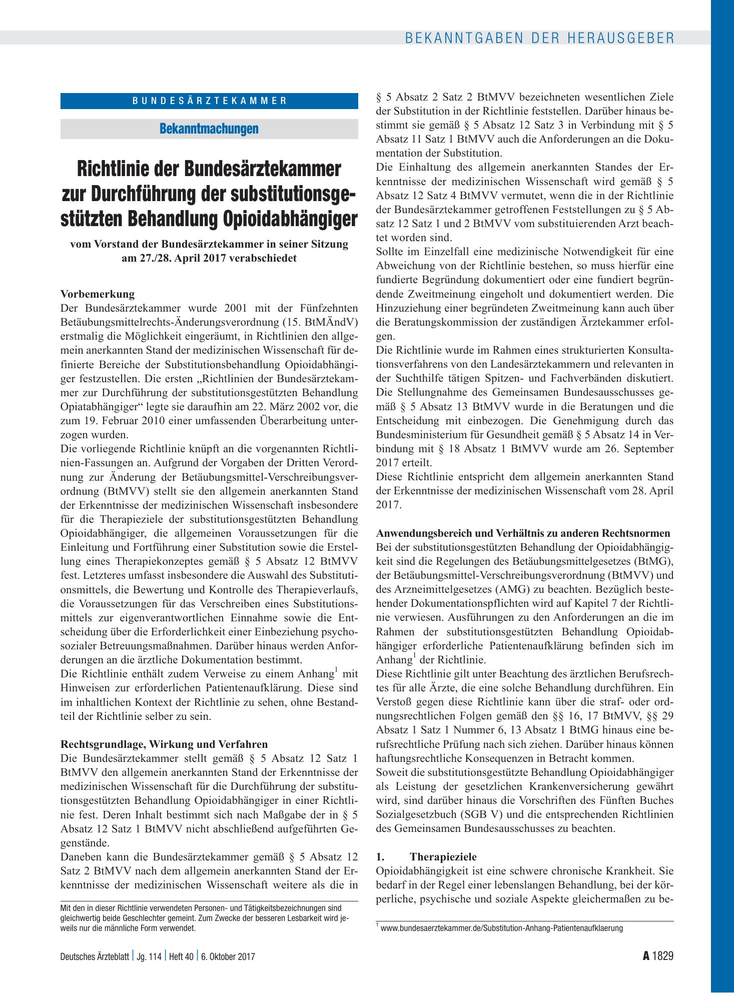 Vorschauseite 1: Richtlinie der Bundesärztekammer zur Durchführung der substitutionsgestützten Behandlung Opioidabhängiger – Deutsches Ärzteblatt