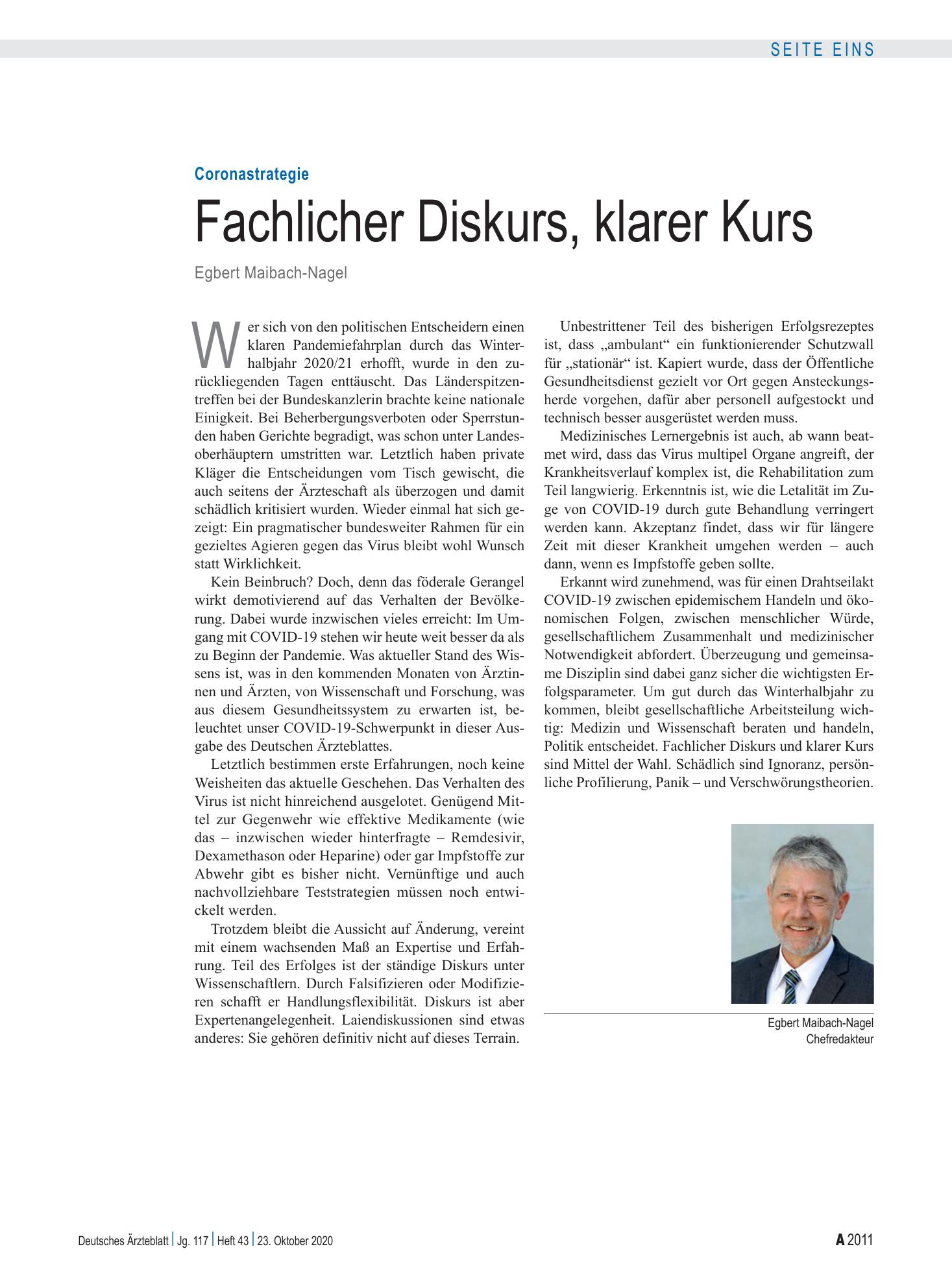 Vorschauseite 1: Coronastrategie: Fachlicher Diskurs, klarer Kurs – Deutsches Ärzteblatt