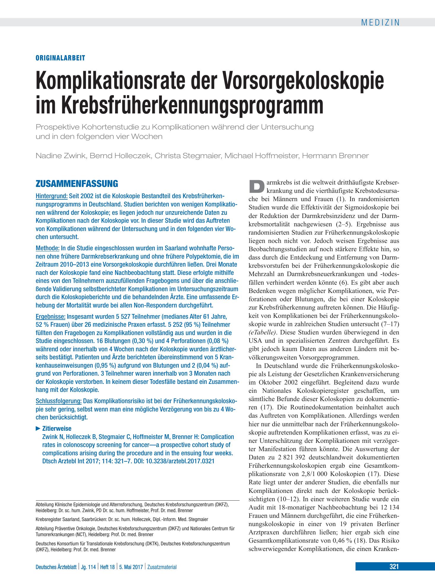 Vorschauseite 1: Komplikationsrate der Vorsorgekoloskopie im Krebsfrüherkennungsprogramm – Deutsches Ärzteblatt