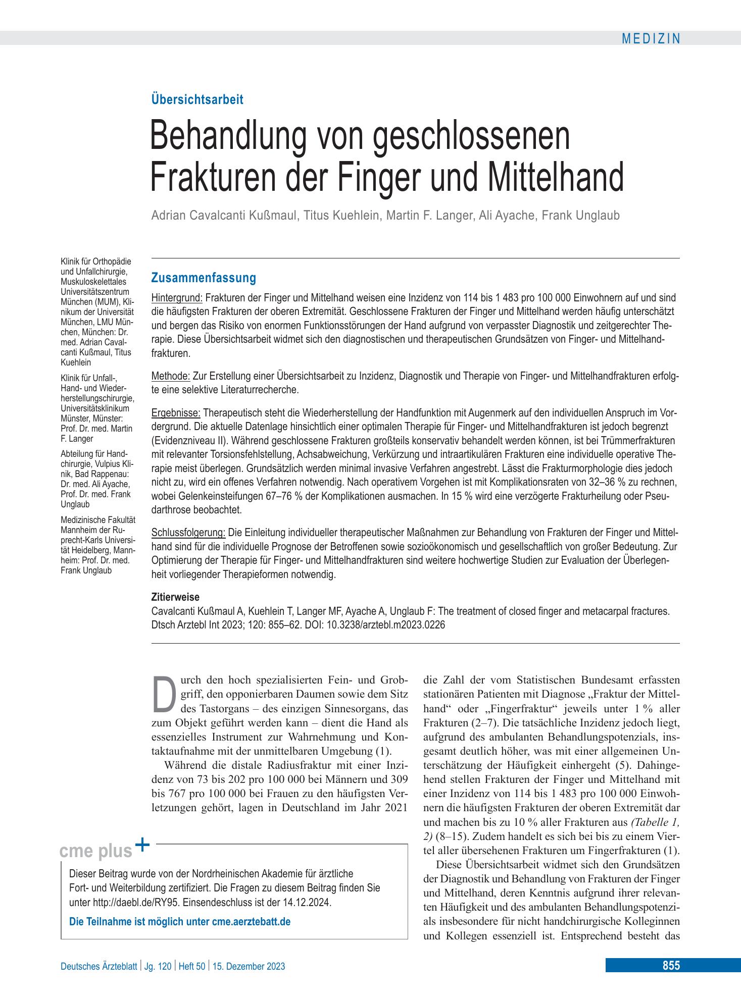 Vorschauseite 1: Behandlung von geschlossenen Frakturen der Finger und Mittelhand – Deutsches Ärzteblatt
