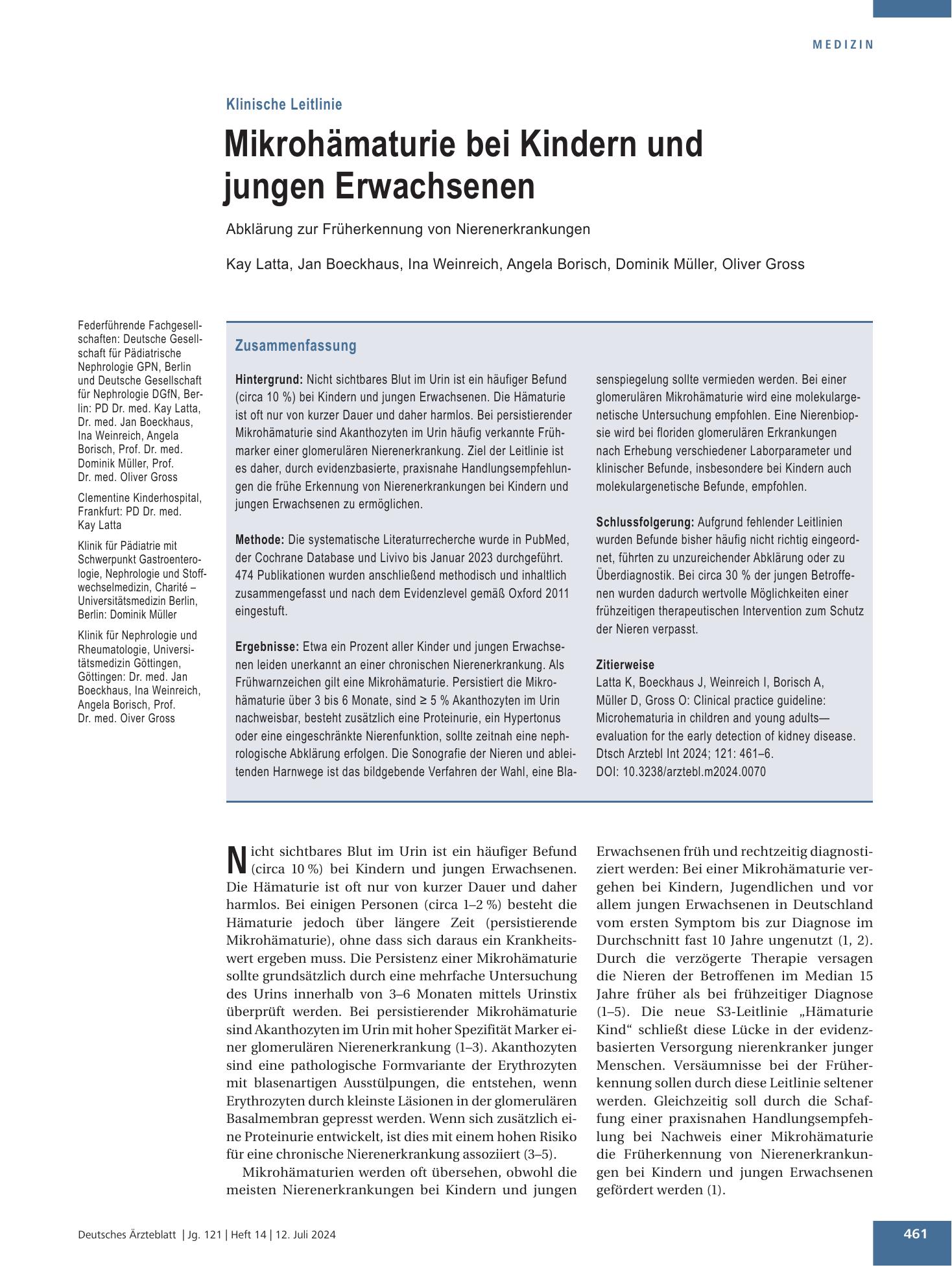 Vorschauseite 1: Mikrohämaturie bei Kindern und jungen Erwachsenen – Deutsches Ärzteblatt