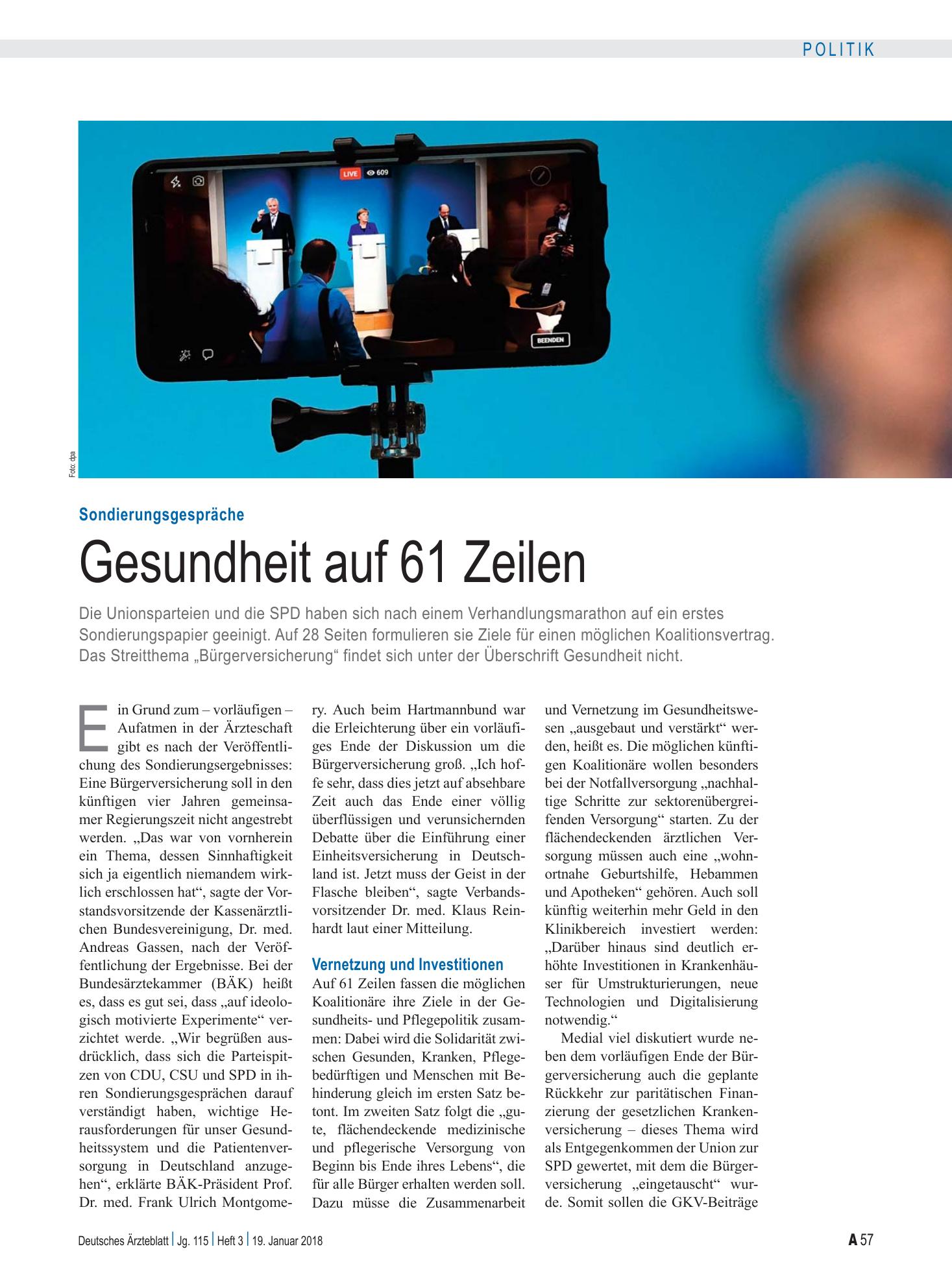 Vorschauseite 1: Sondierungsgespräche: Gesundheit auf 61 Zeilen – Deutsches Ärzteblatt