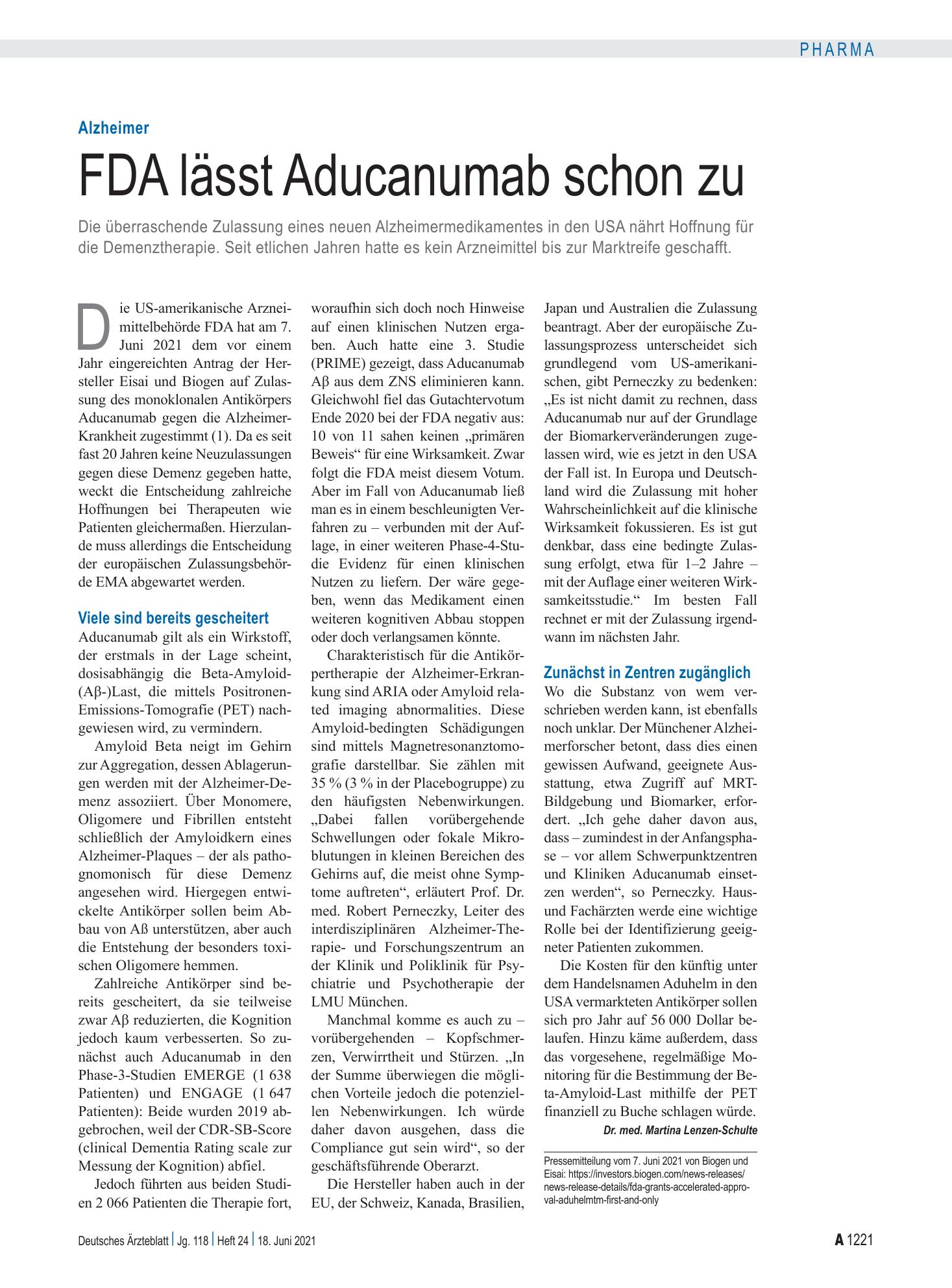 Vorschauseite 1: Alzheimer: FDA lässt Aducanumab schon zu – Deutsches Ärzteblatt