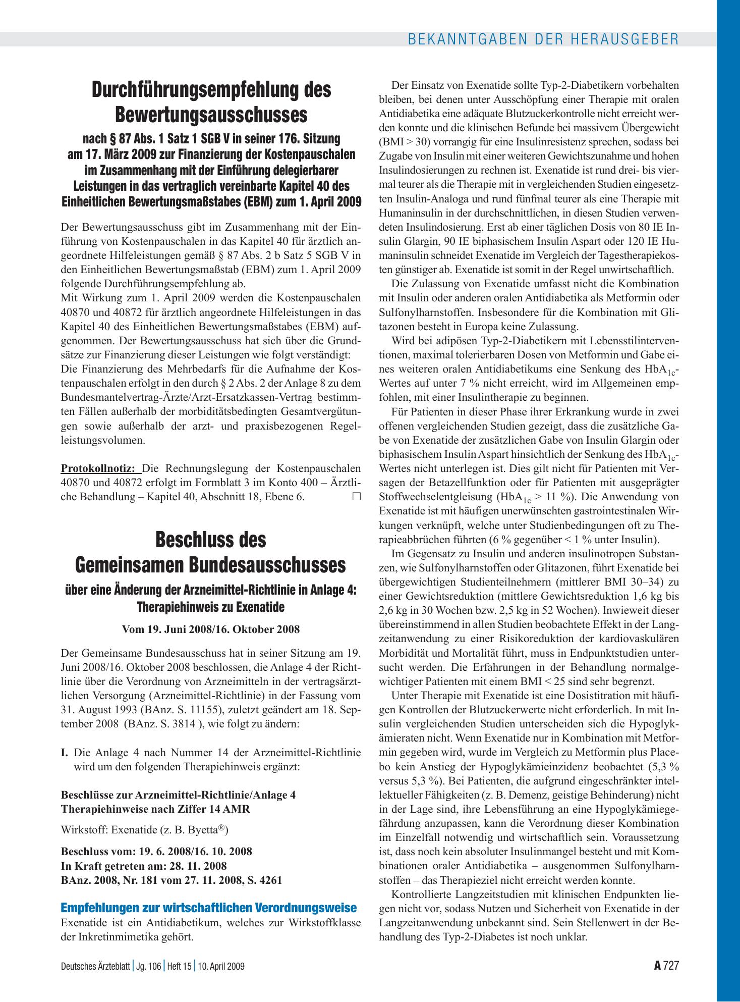 Vorschauseite 1: Beschluss des Gemeinsamen Bundesausschusses über eine Änderung der Arzneimittel-Richtlinie in Anlage 4: Therapiehinweis zu Exenatide - vom 19. Juni 2008/16. Oktober 2008 – Deutsch…