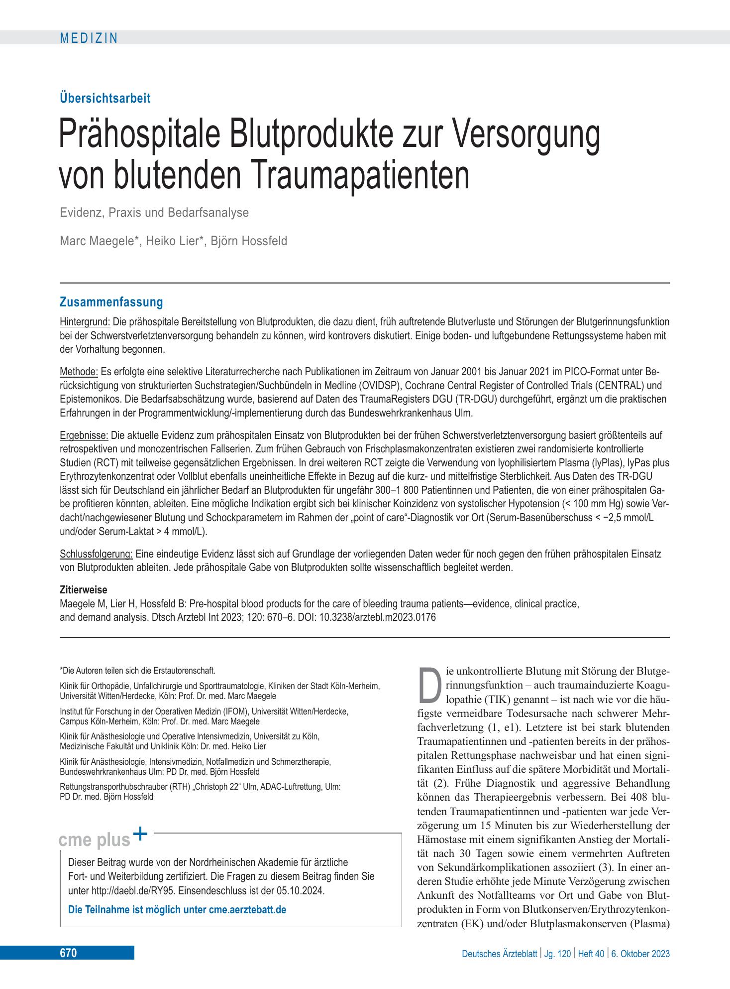 Vorschauseite 1: Prähospitale Blutprodukte zur Versorgung von blutenden Traumapatienten – Deutsches Ärzteblatt