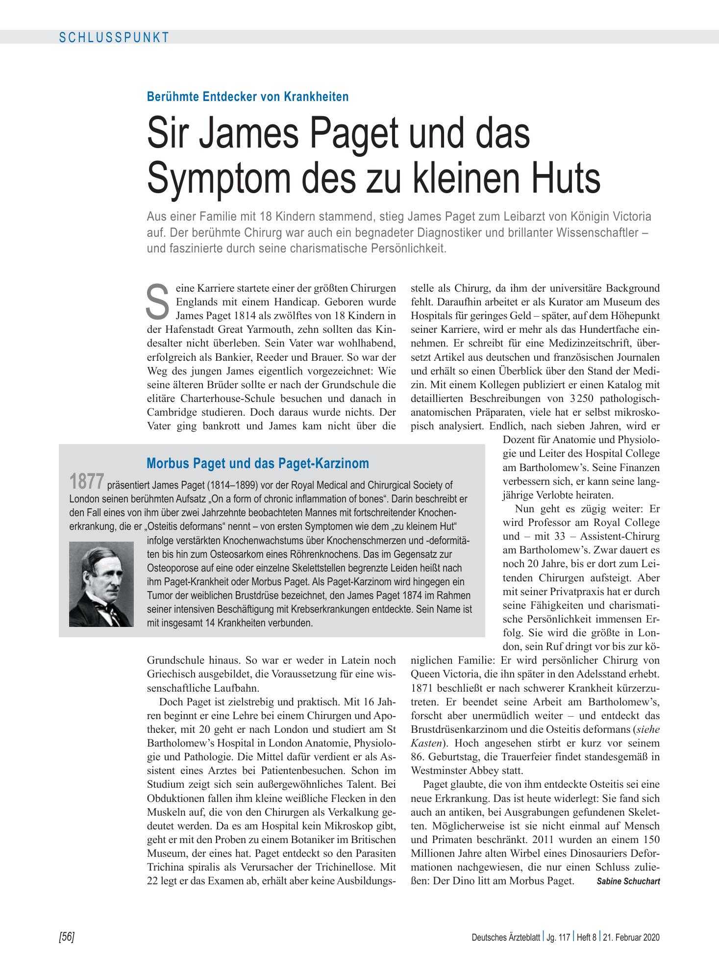 Vorschauseite 1: Berühmte Entdecker von Krankheiten: Sir James Paget und das Symptom des zu kleinen Huts – Deutsches Ärzteblatt
