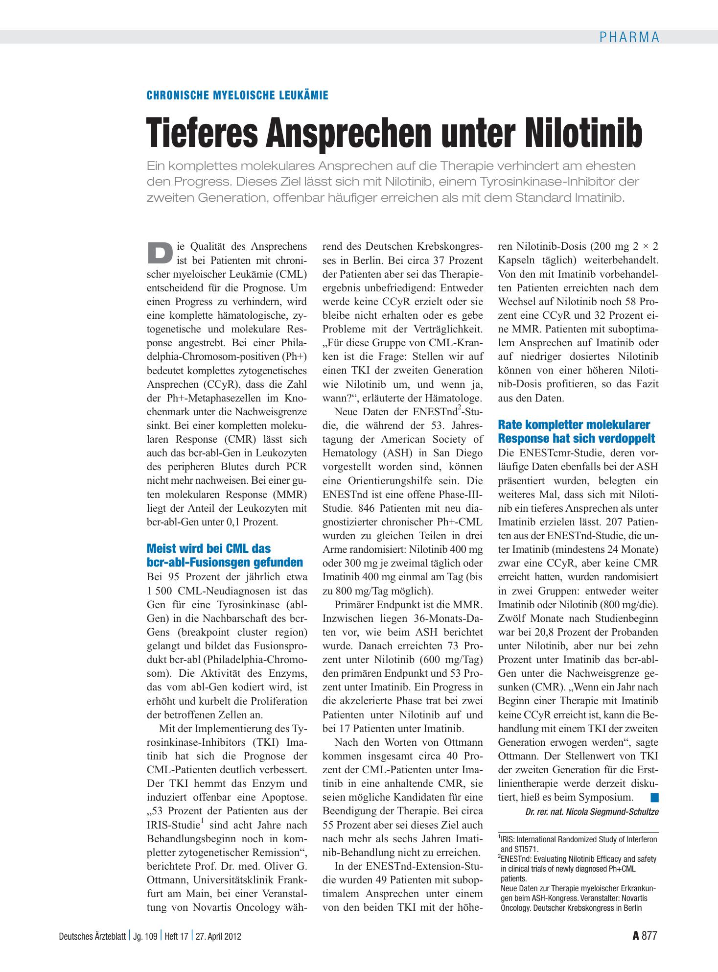 Vorschauseite 1: Chronische myeloische Leukämie: Tieferes Ansprechen unter Nilotinib – Deutsches Ärzteblatt