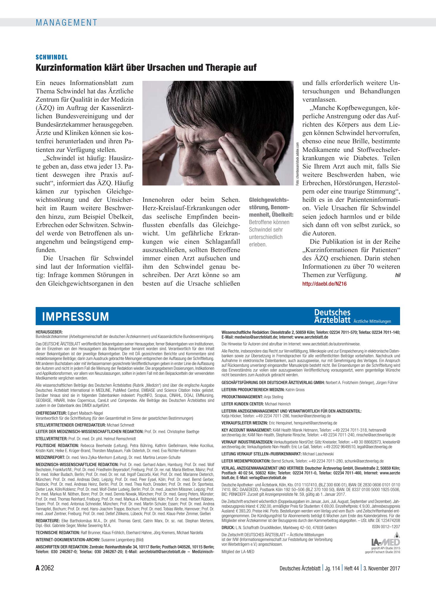 Vorschauseite 1: Schwindel: Kurzinformation klärt über Ursachen und Therapie auf – Deutsches Ärzteblatt