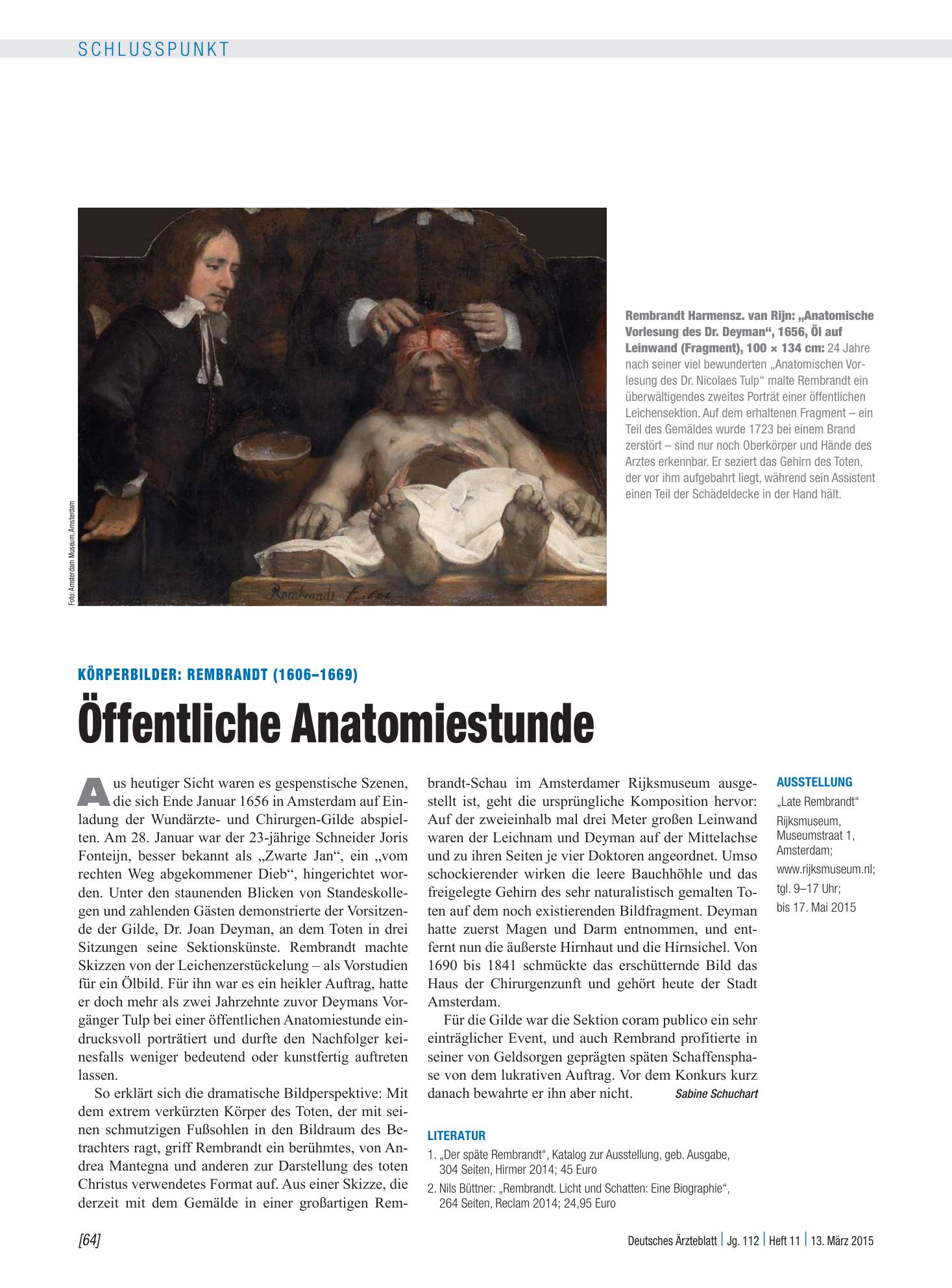 Vorschauseite 1: Körperbilder – Rembrandt (1606–1669): Öffentliche Anatomiestunde – Deutsches Ärzteblatt
