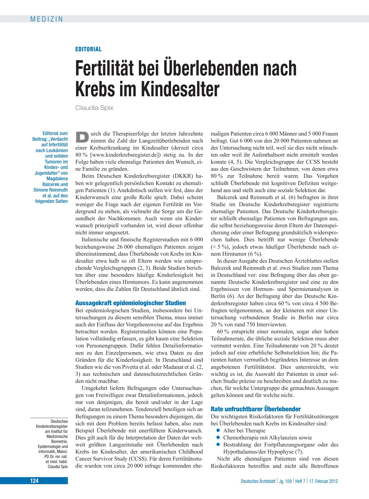 Vorschauseite 1: Fertilität bei Überlebenden nach Krebs im Kindesalter – Deutsches Ärzteblatt