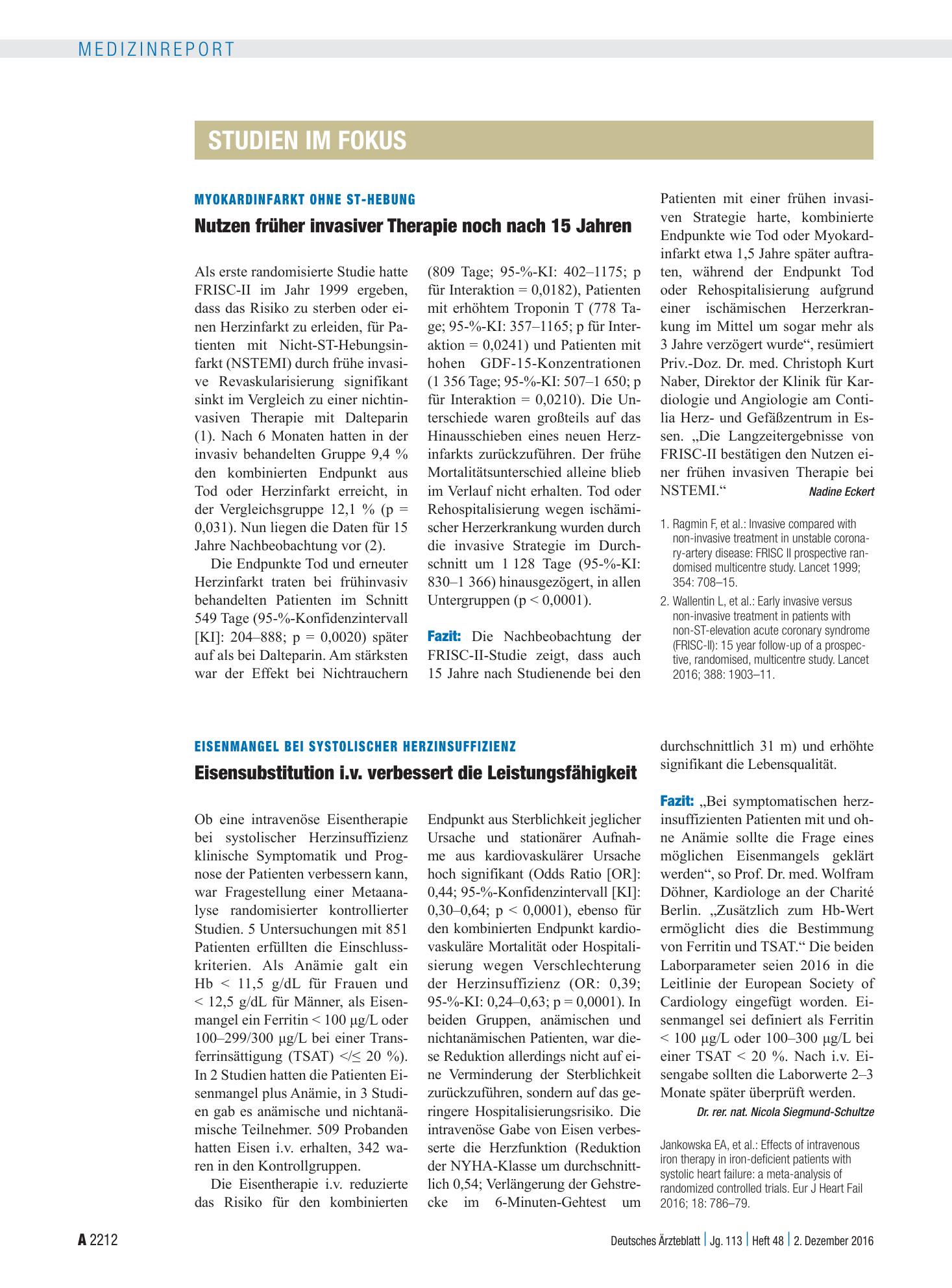 Vorschauseite 1: Eisenmangel bei Systolischer Herzinsuffizienz: Eisensubstitution i.v. verbessert die Leistungsfähigkeit – Deutsches Ärzteblatt