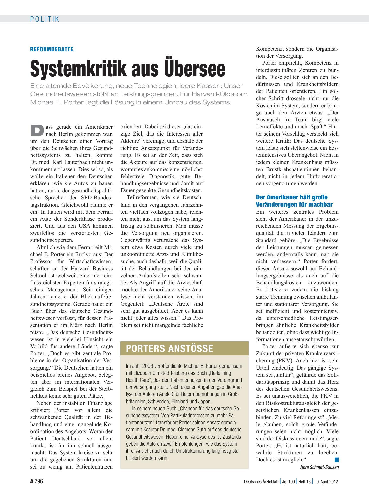 Vorschauseite 1: Reformdebatte: Systemkritik aus Übersee – Deutsches Ärzteblatt