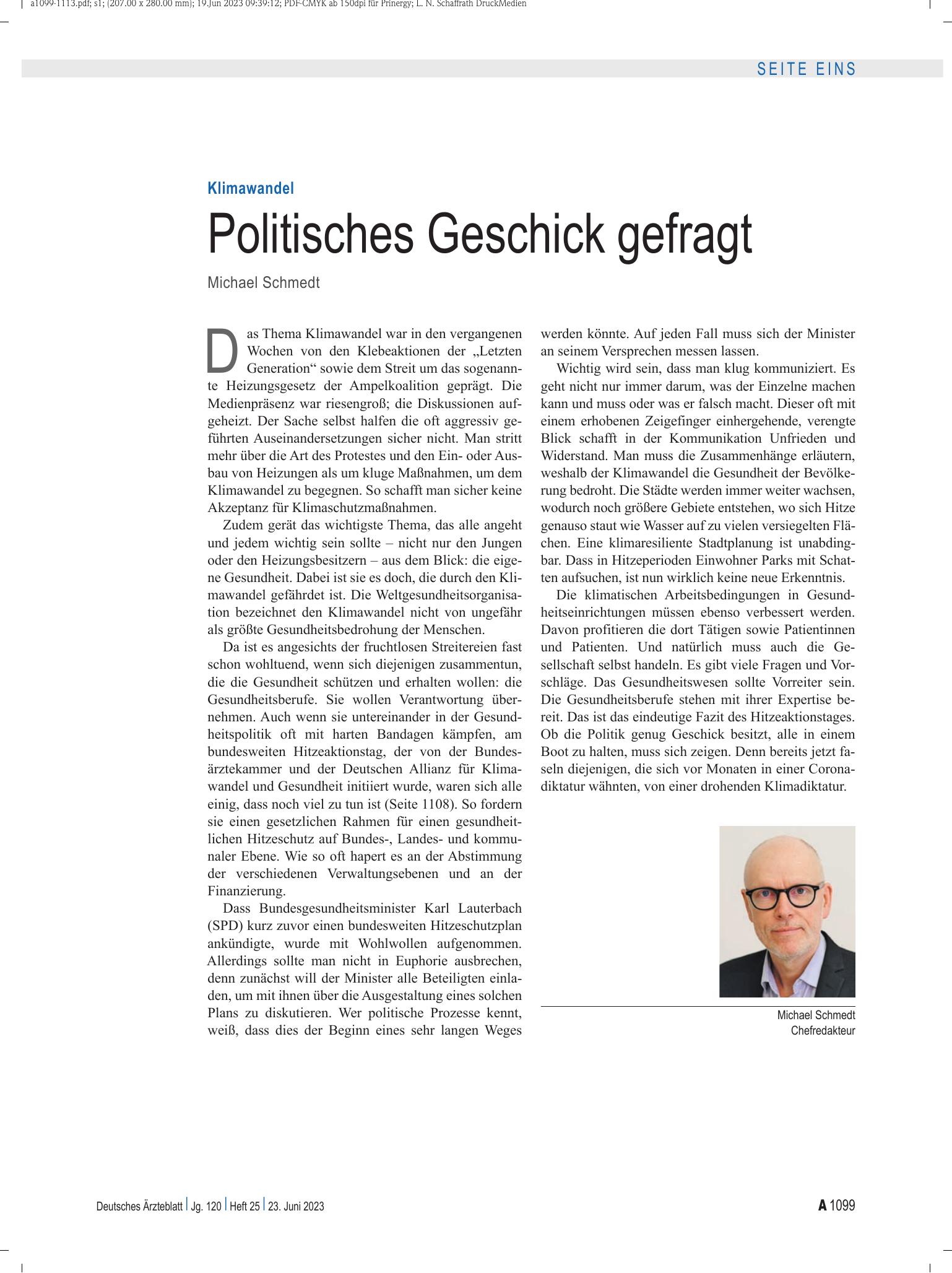 Vorschauseite 1: Klimawandel: Politisches Geschick gefragt – Deutsches Ärzteblatt