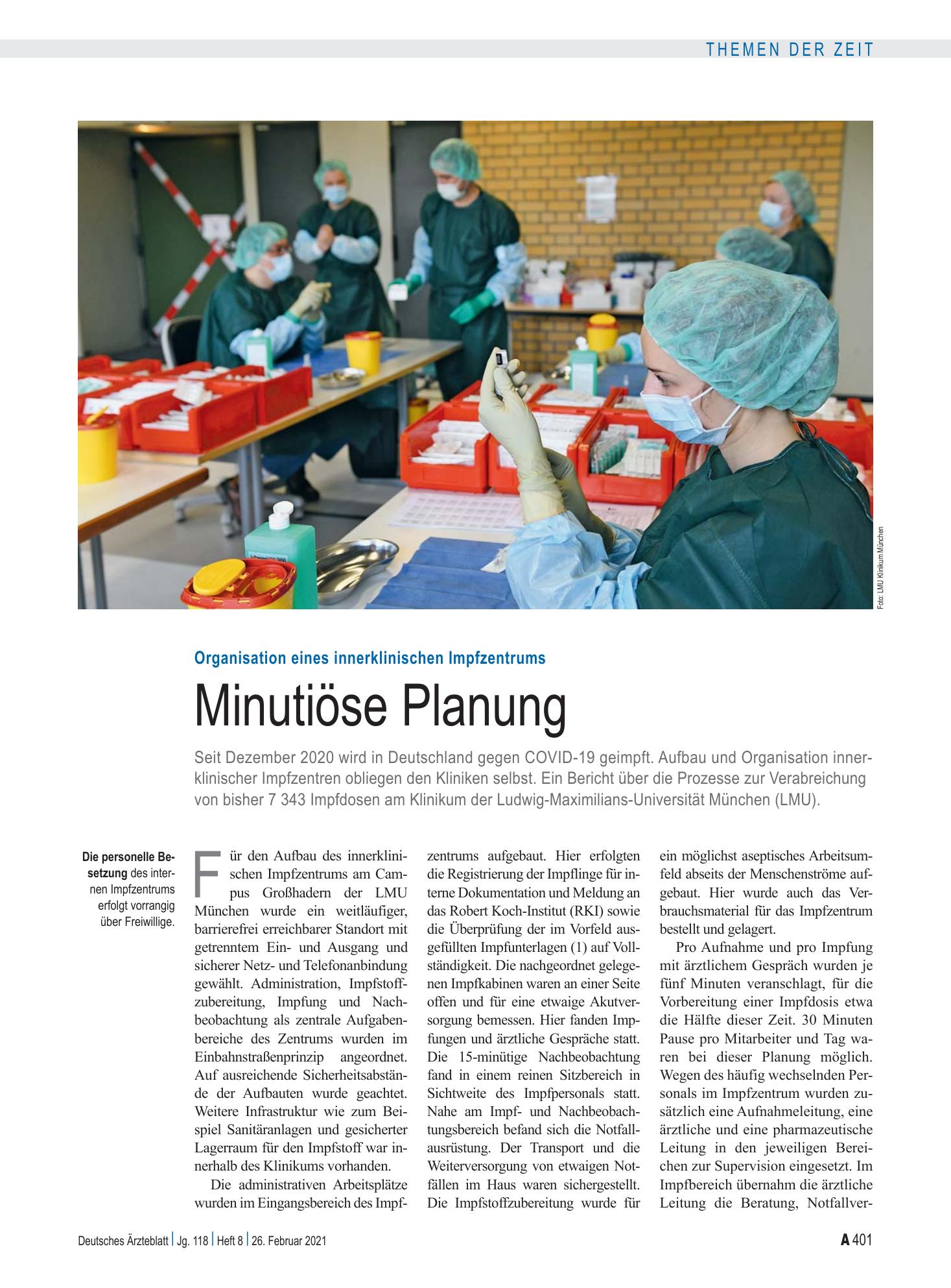 Vorschauseite 1: Organisation eines innerklinischen Impfzentrums: Minutiöse Planung – Deutsches Ärzteblatt