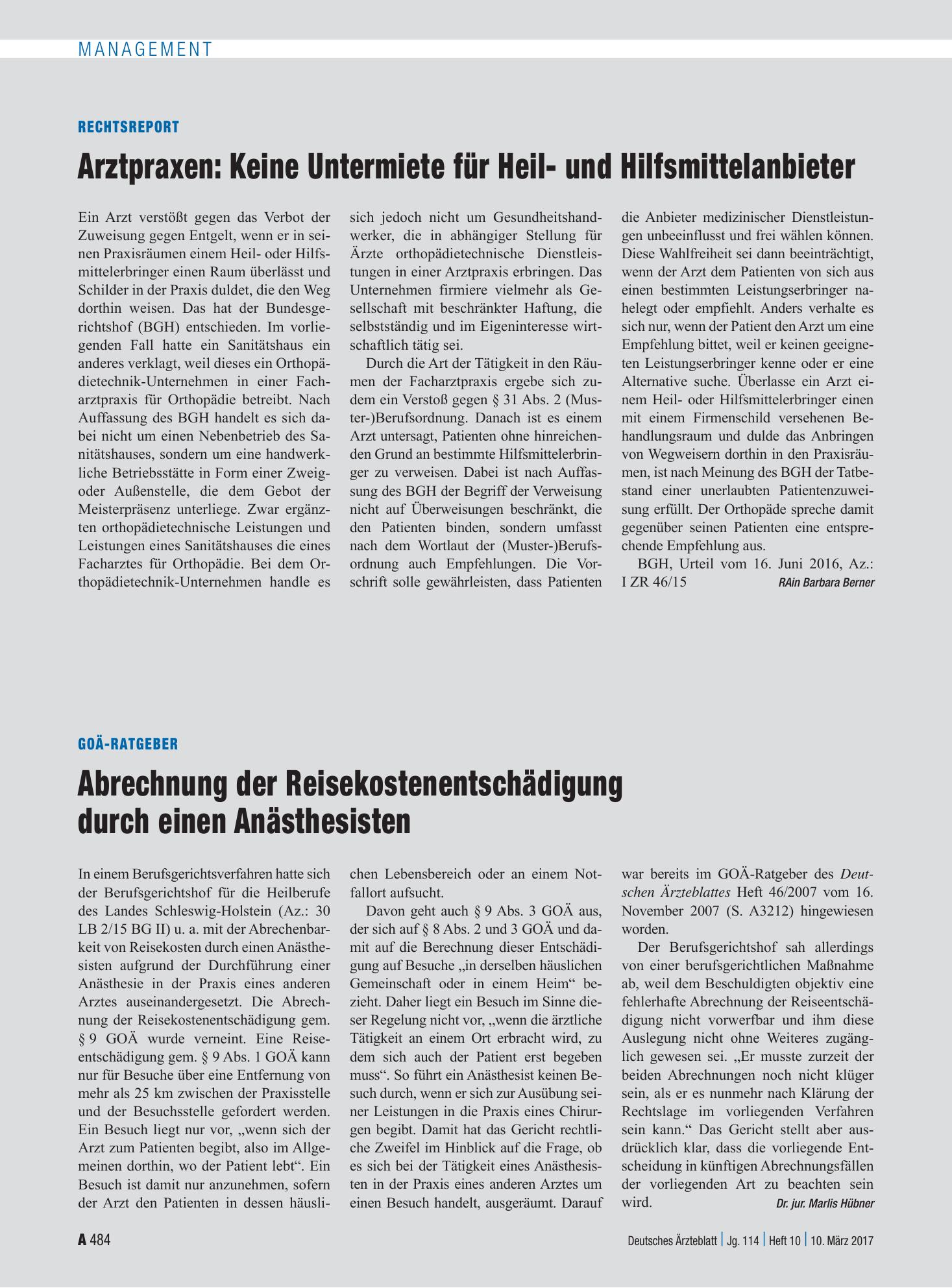 Vorschauseite 1: GOÄ-Ratgeber: Abrechnung der Reisekostenentschädigung durch einen Anästhesisten – Deutsches Ärzteblatt