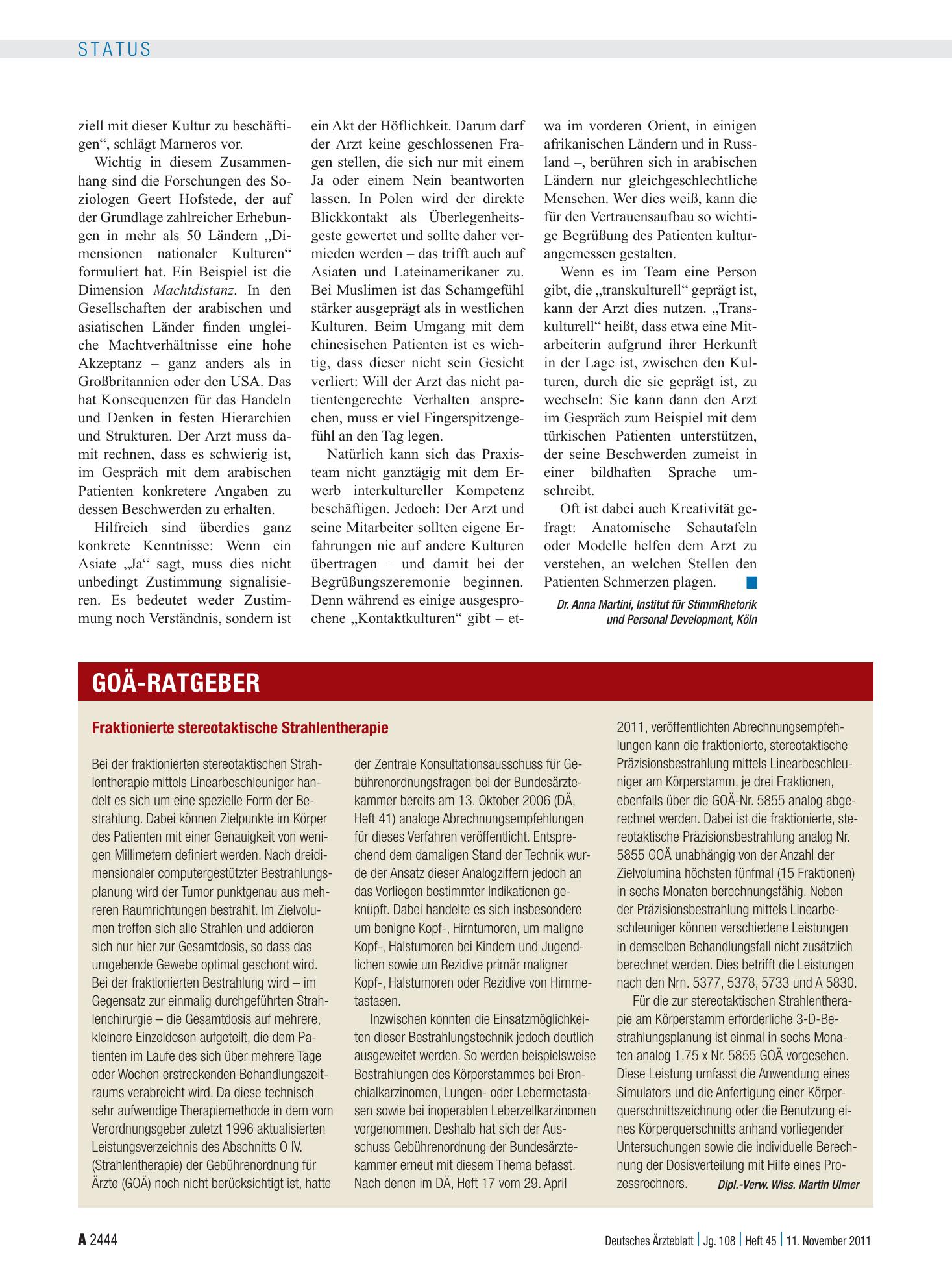 Vorschauseite 1: Fraktionierte stereotaktische Strahlentherapie – Deutsches Ärzteblatt
