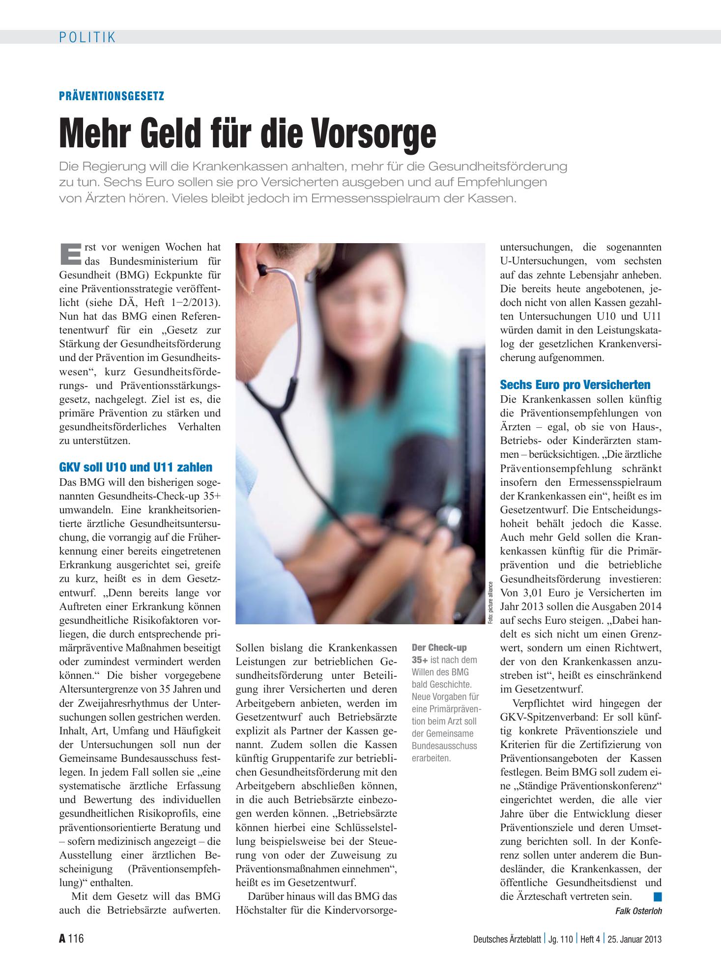 Vorschauseite 1: Präventionsgesetz: Mehr Geld für die Vorsorge – Deutsches Ärzteblatt