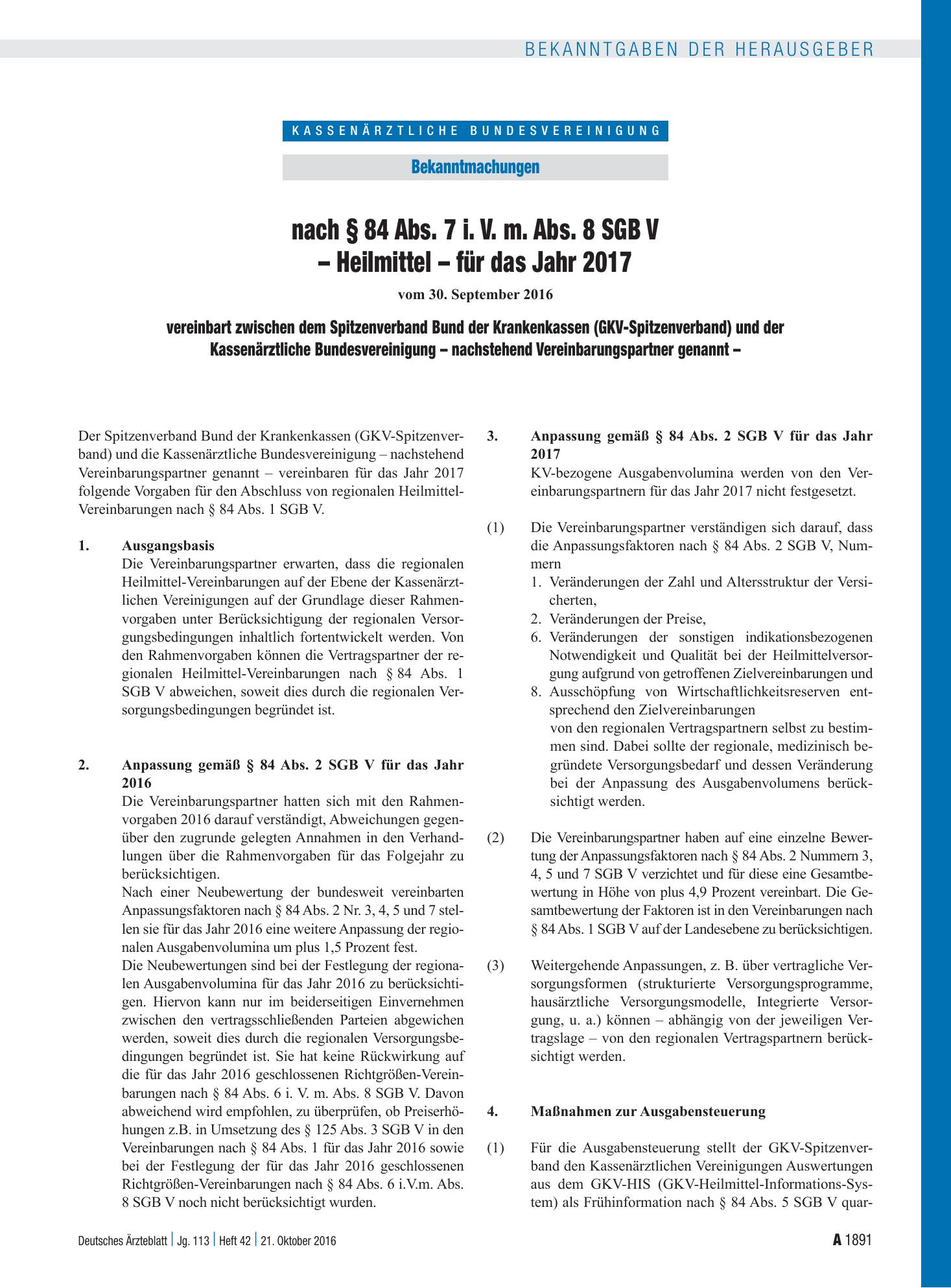 Vorschauseite 1: Nach § 84 Abs. 7 i. V. m. Abs. 8 SGB V – Heilmittel – für das Jahr 2017 – Deutsches Ärzteblatt