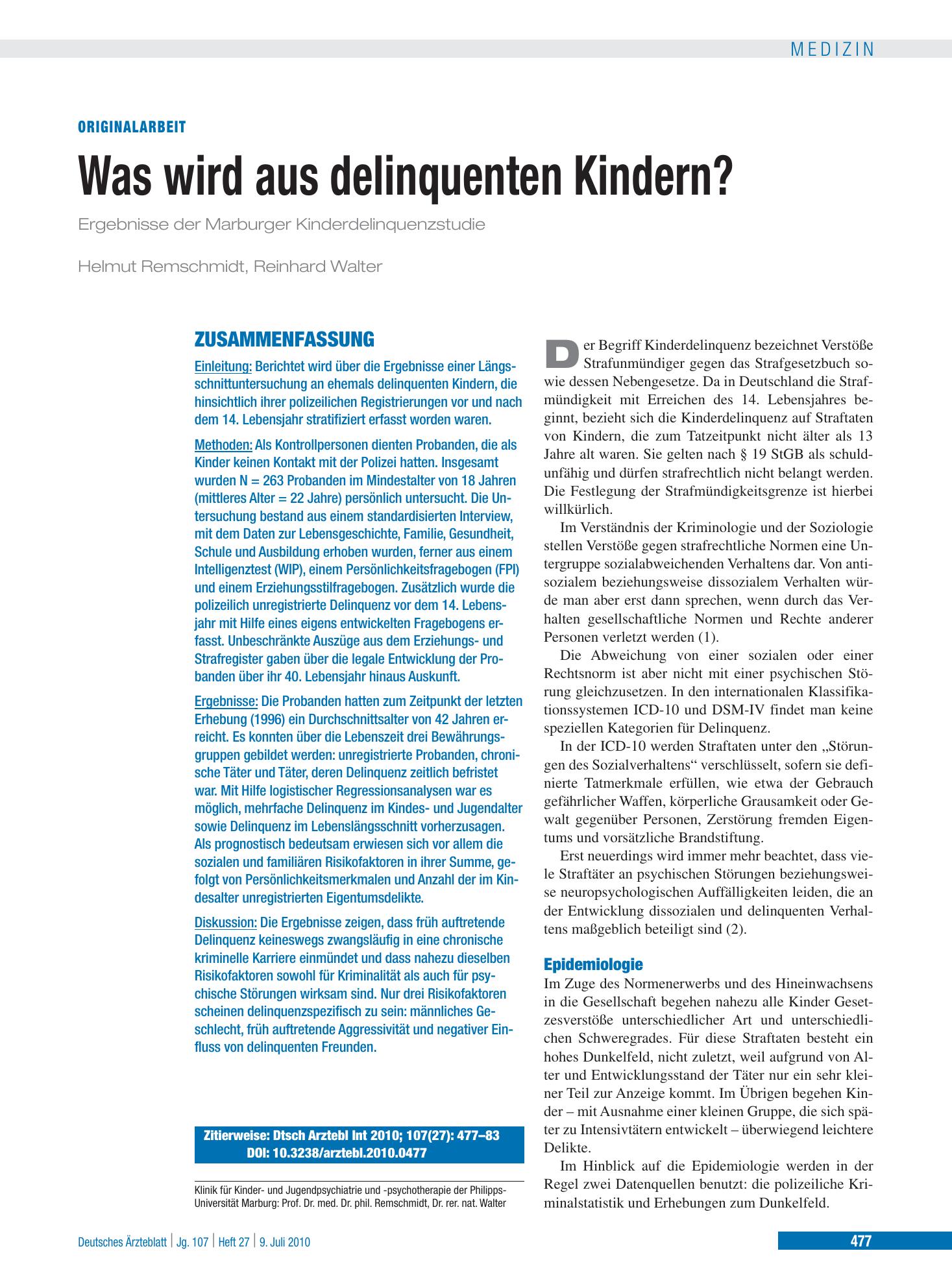 Vorschauseite 1: Was wird aus delinquenten Kindern? Ergebnisse der Marburger Kinderdelinquenzstudie – Deutsches Ärzteblatt