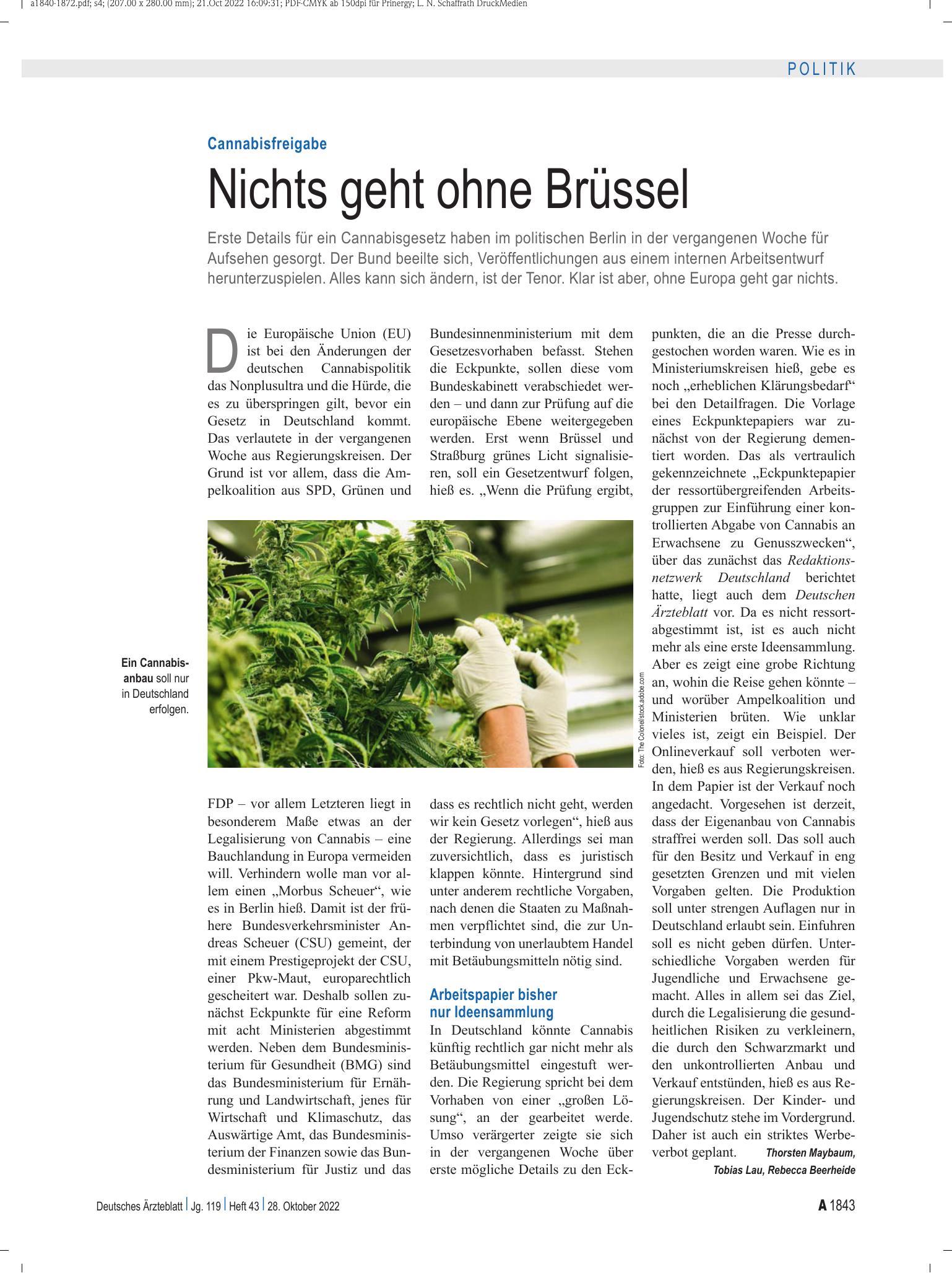 Vorschauseite 1: Cannabisfreigabe: Nichts geht ohne Brüssel – Deutsches Ärzteblatt
