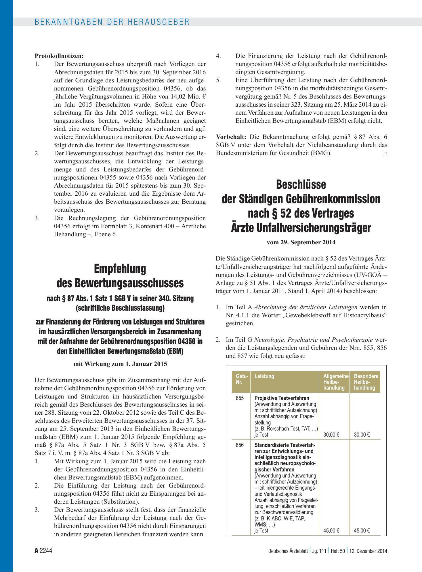 Vorschauseite 1: Beschlüsse der Ständigen Gebührenkommission nach § 52 des Vertrages Ärzte Unfallversicherungsträger – Deutsches Ärzteblatt